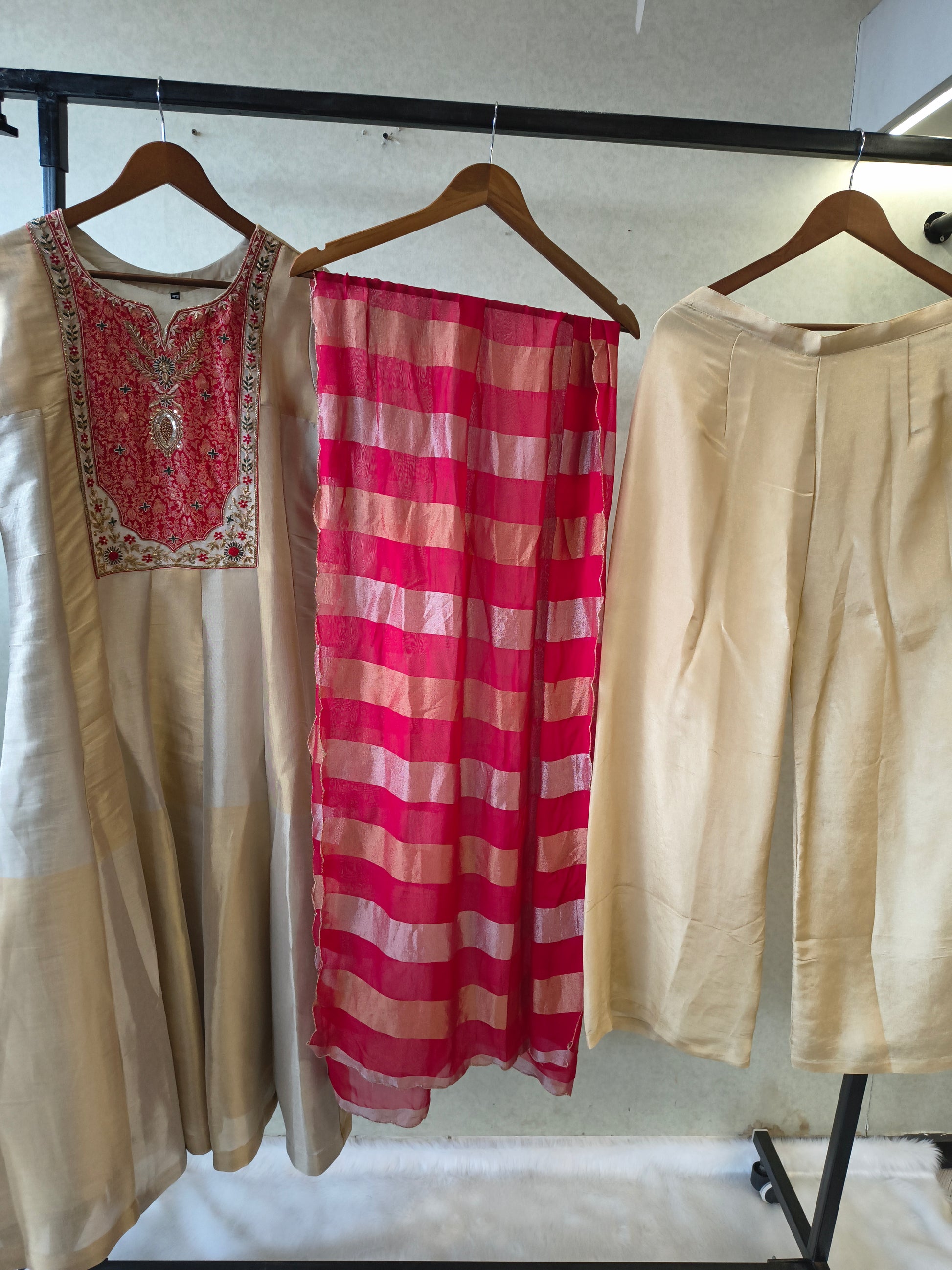 Ivory Embroidered Designer Kurta Set with Pink Striped Organza Dupatta | Premium 3 Piece Ethnic Suit