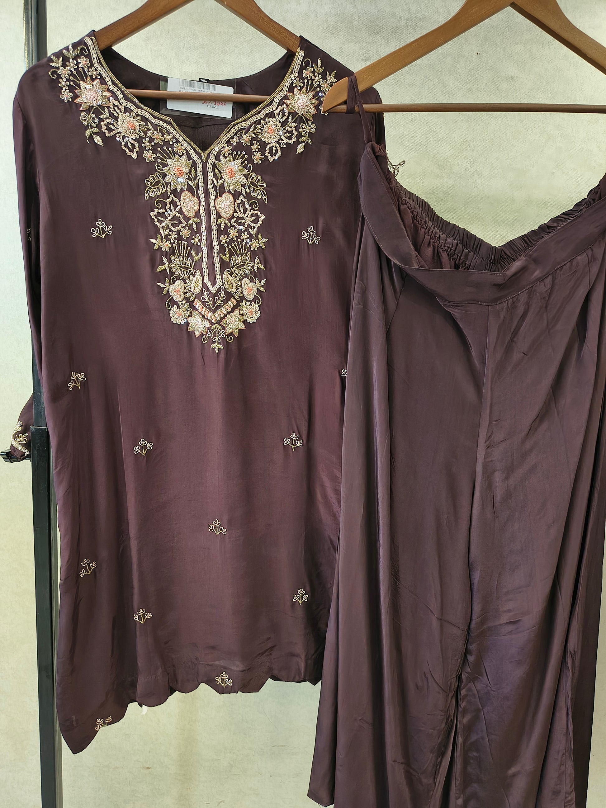 Chocolate Brown Embroidered Straight Kurta Set with Wide Palazzo & Chiffon Dupatta | Premium 3 Piece Festive Ensemble