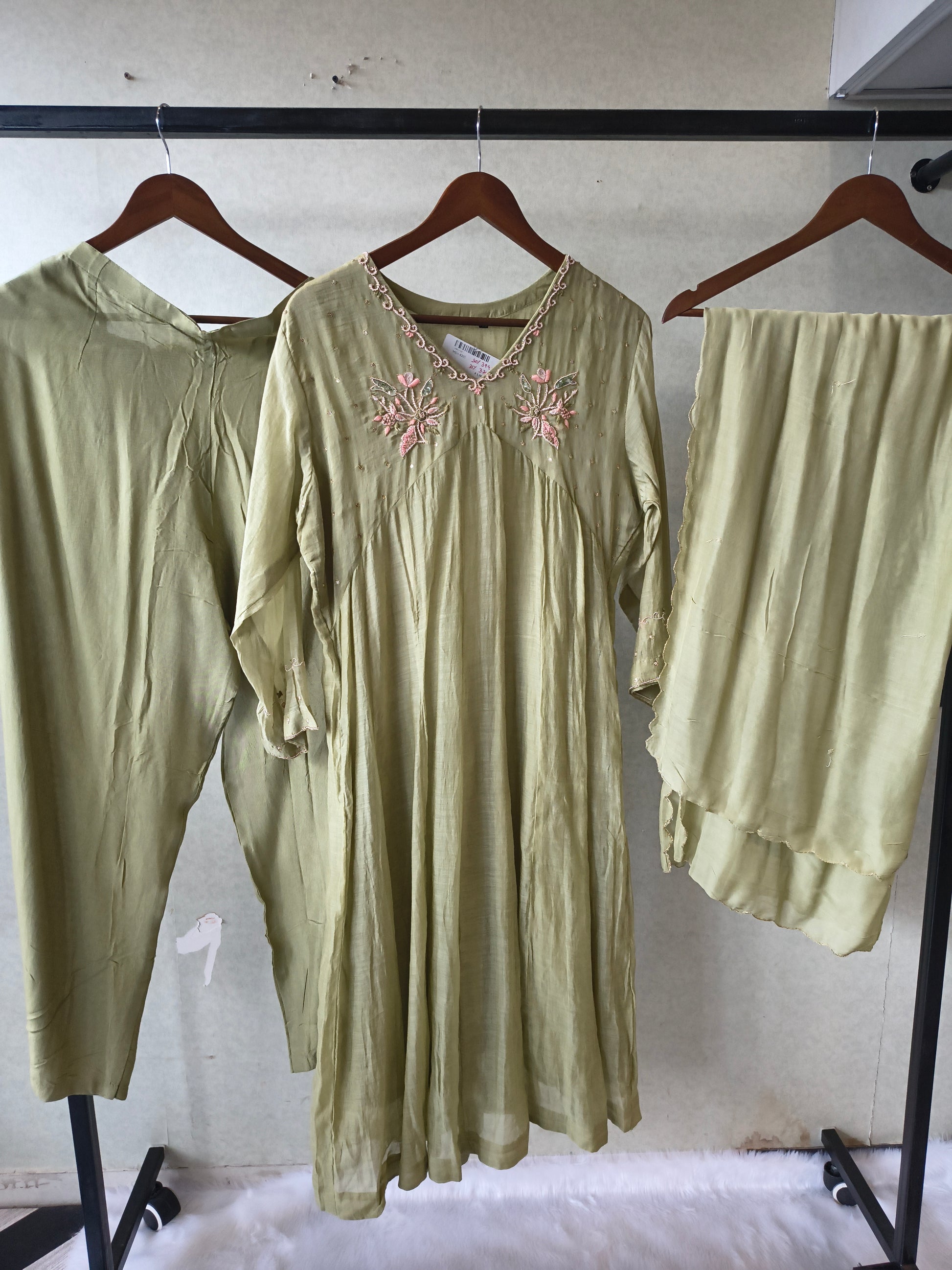 Premium Olive Green Embroidered A-Line Kurta Set with Dupatta