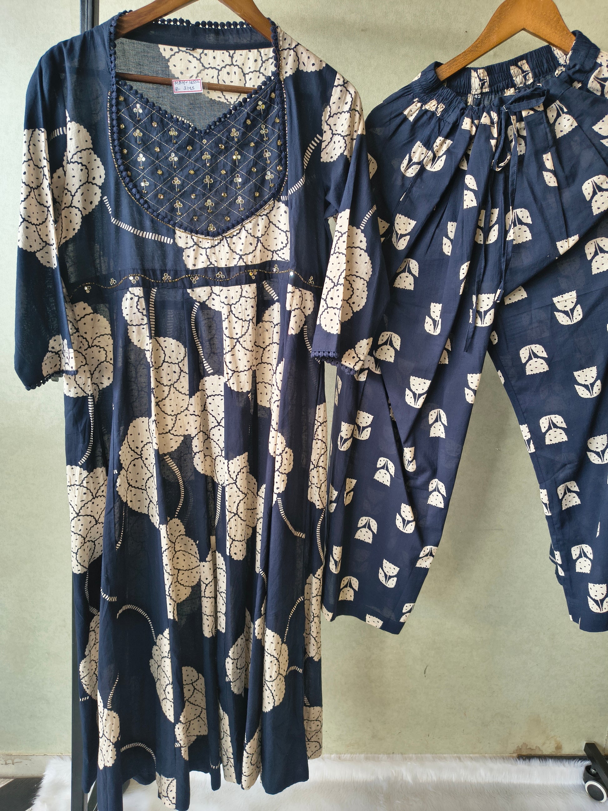Premium Navy Blue Handblock Printed Cotton Anarkali Suit Set with Printed Pants & Dupatta