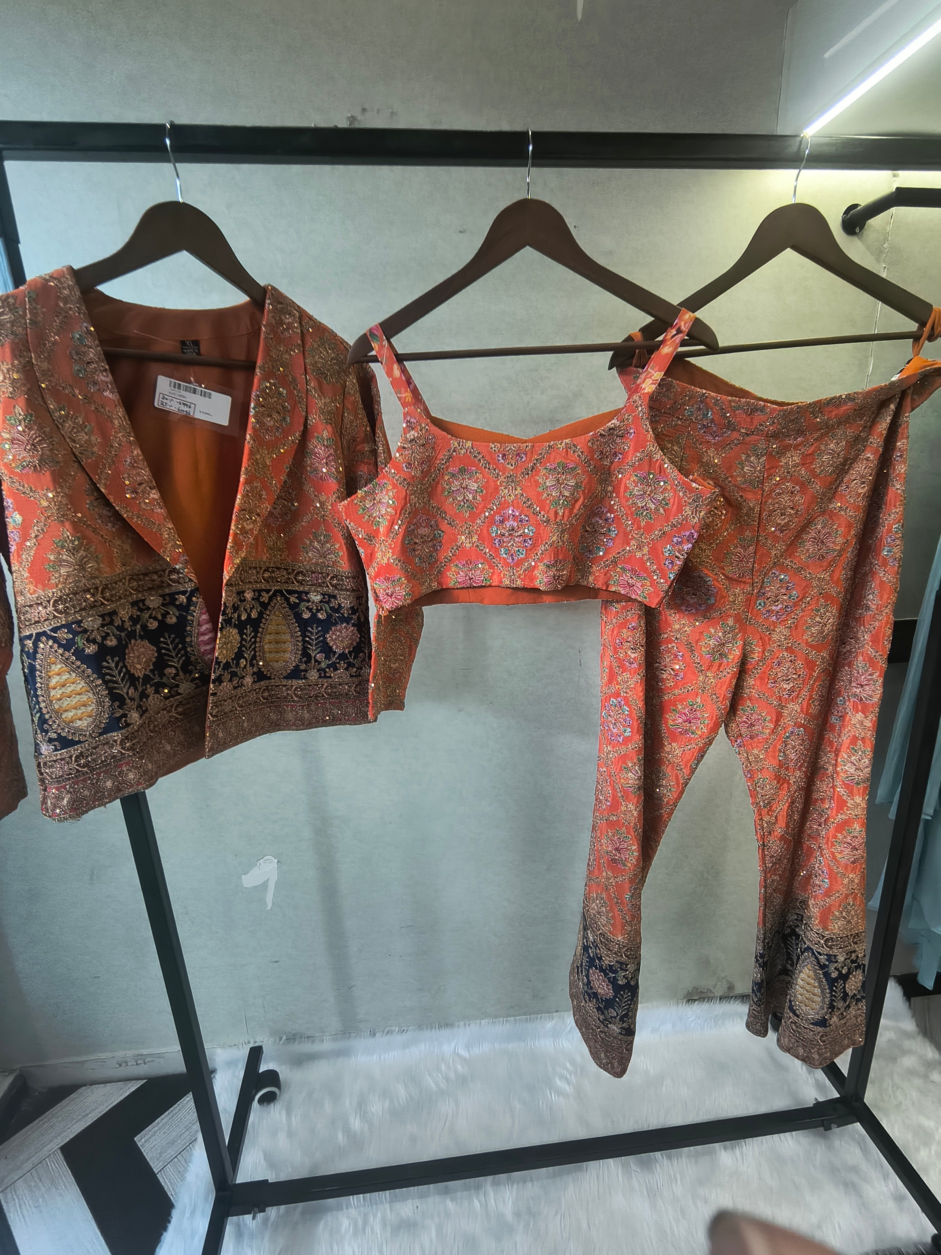 Image of Luxury Coral Brocade Bralette with Embroidered Jacket & Designer Brocade Pants – 3 Piece Indo-Western Co-Ord Set