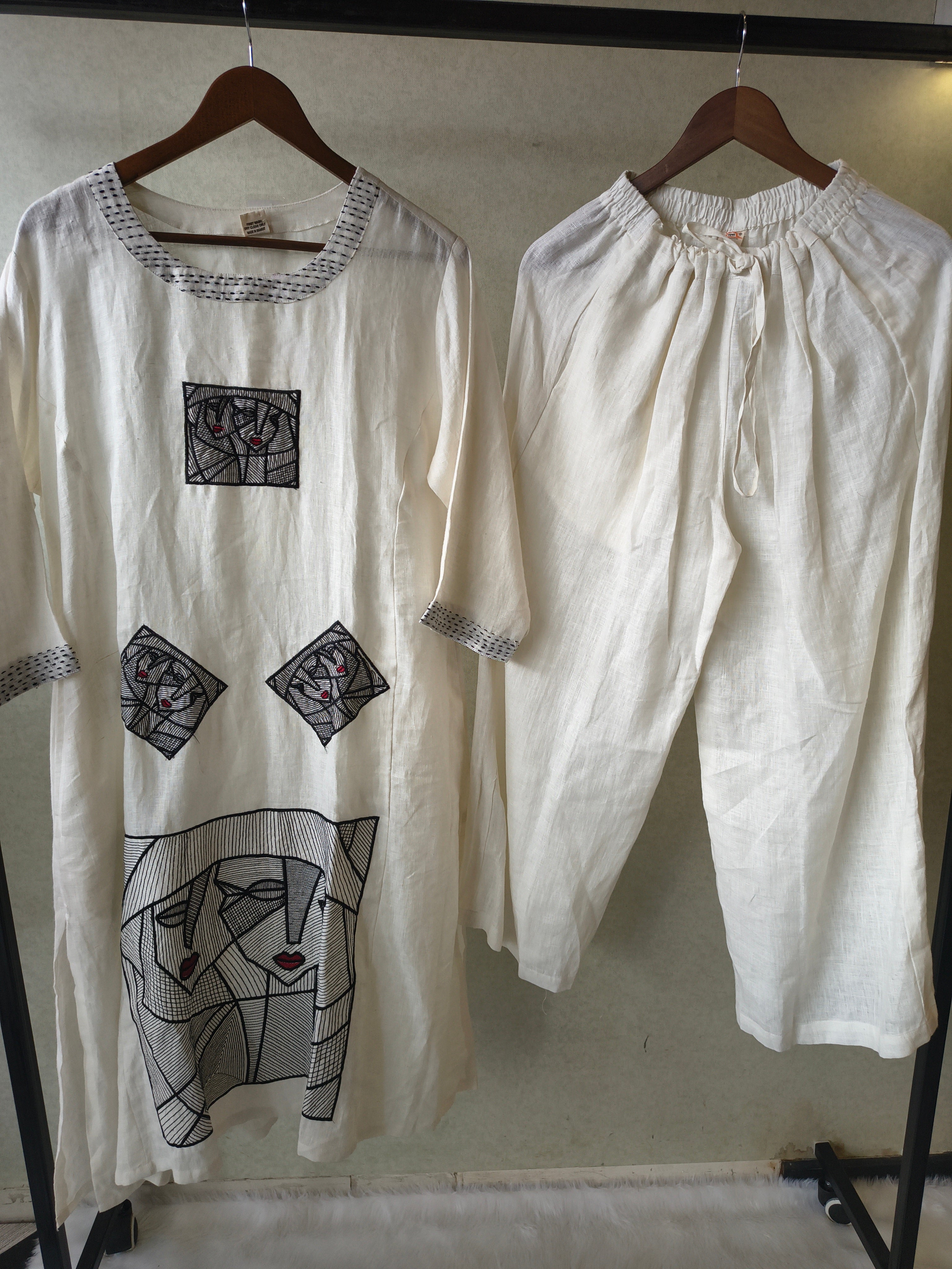 Image of Premium Off-White Artistic Abstract Embroidered Cotton Kurta with Straight Pants Set