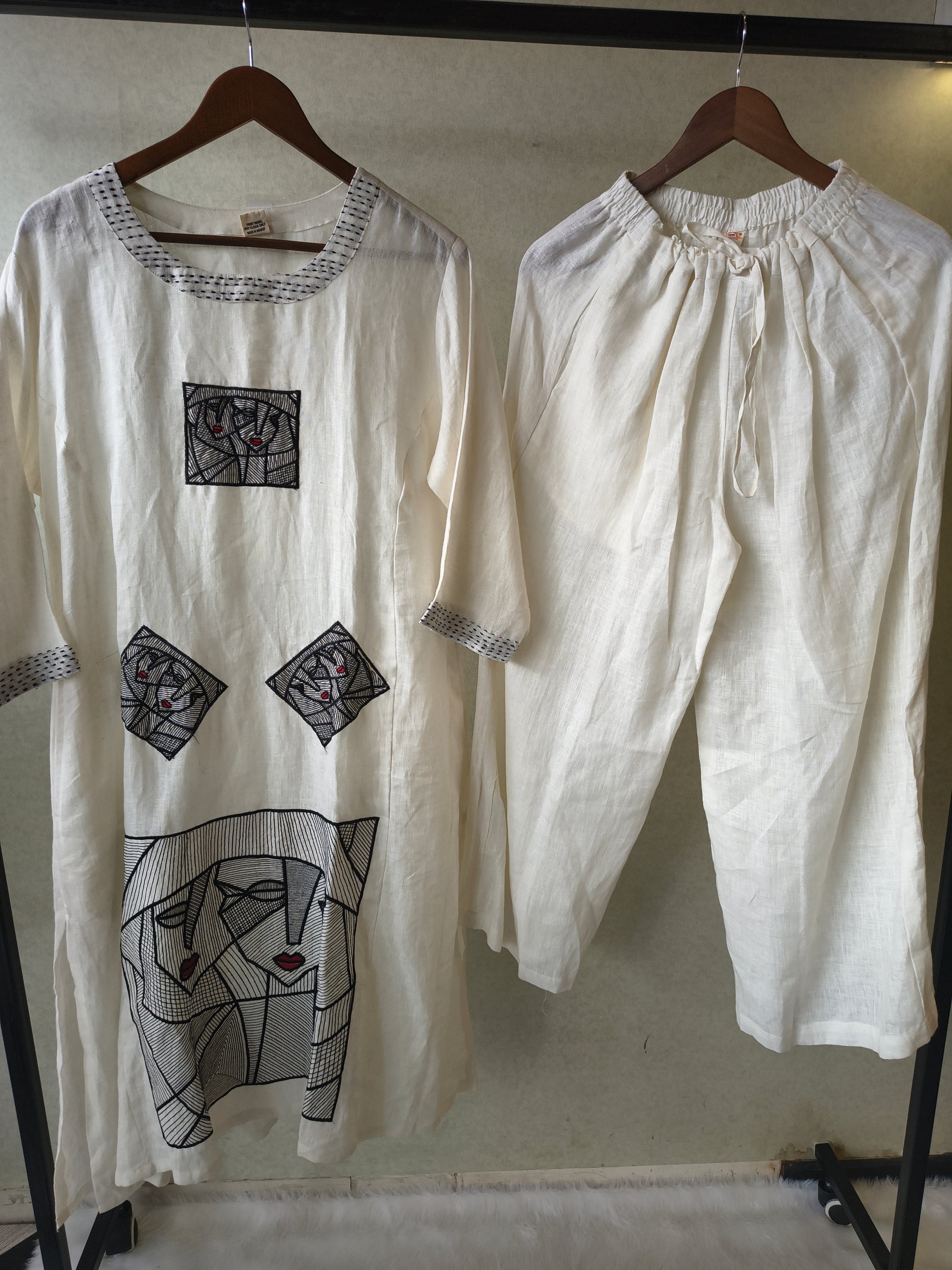 Premium Off-White Artistic Abstract Embroidered Cotton Kurta with Straight Pants Set