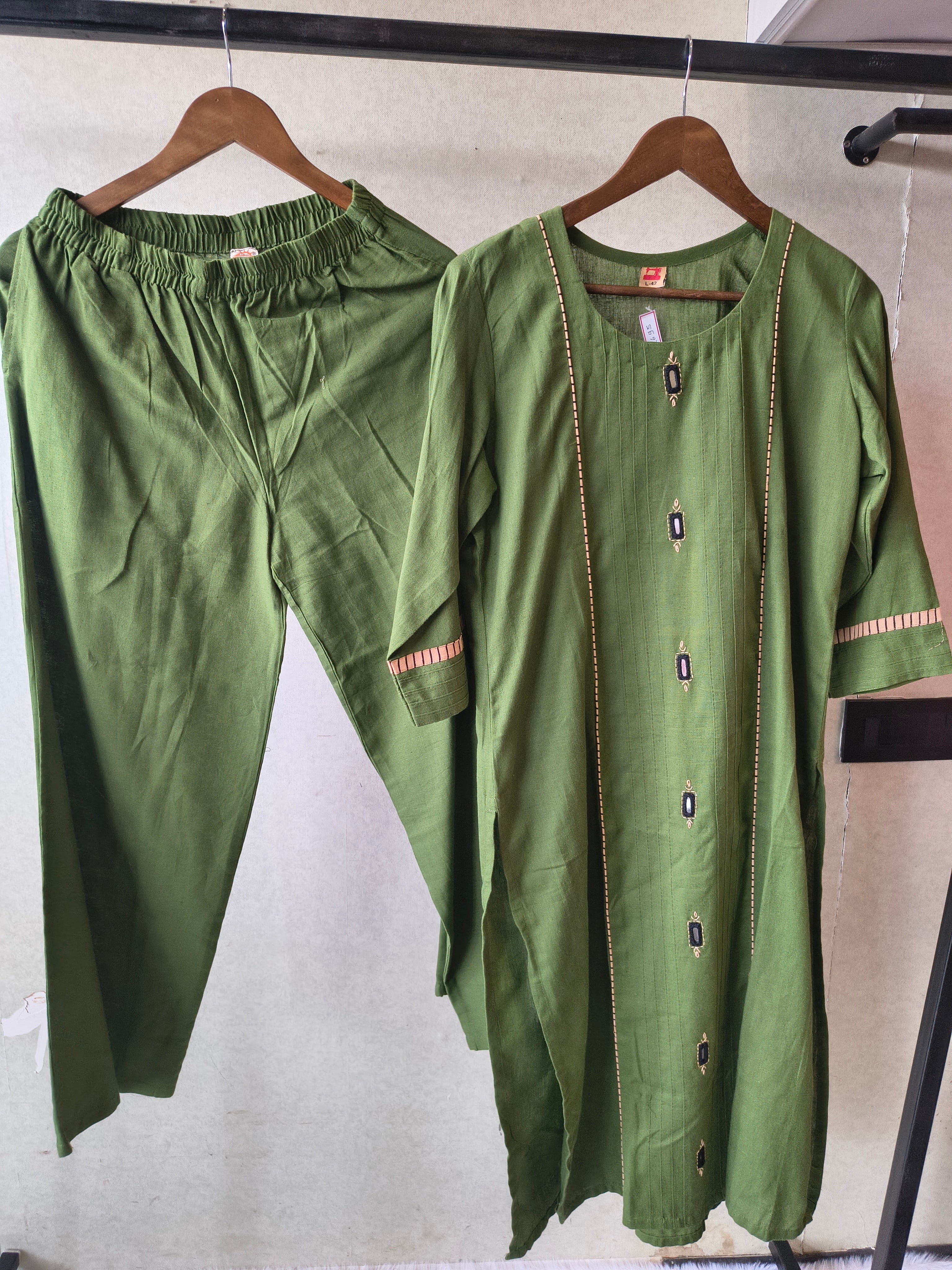 Image of Tadko Premium Olive Green Straight Kurta Co-Ord Set with Embellished Yoke