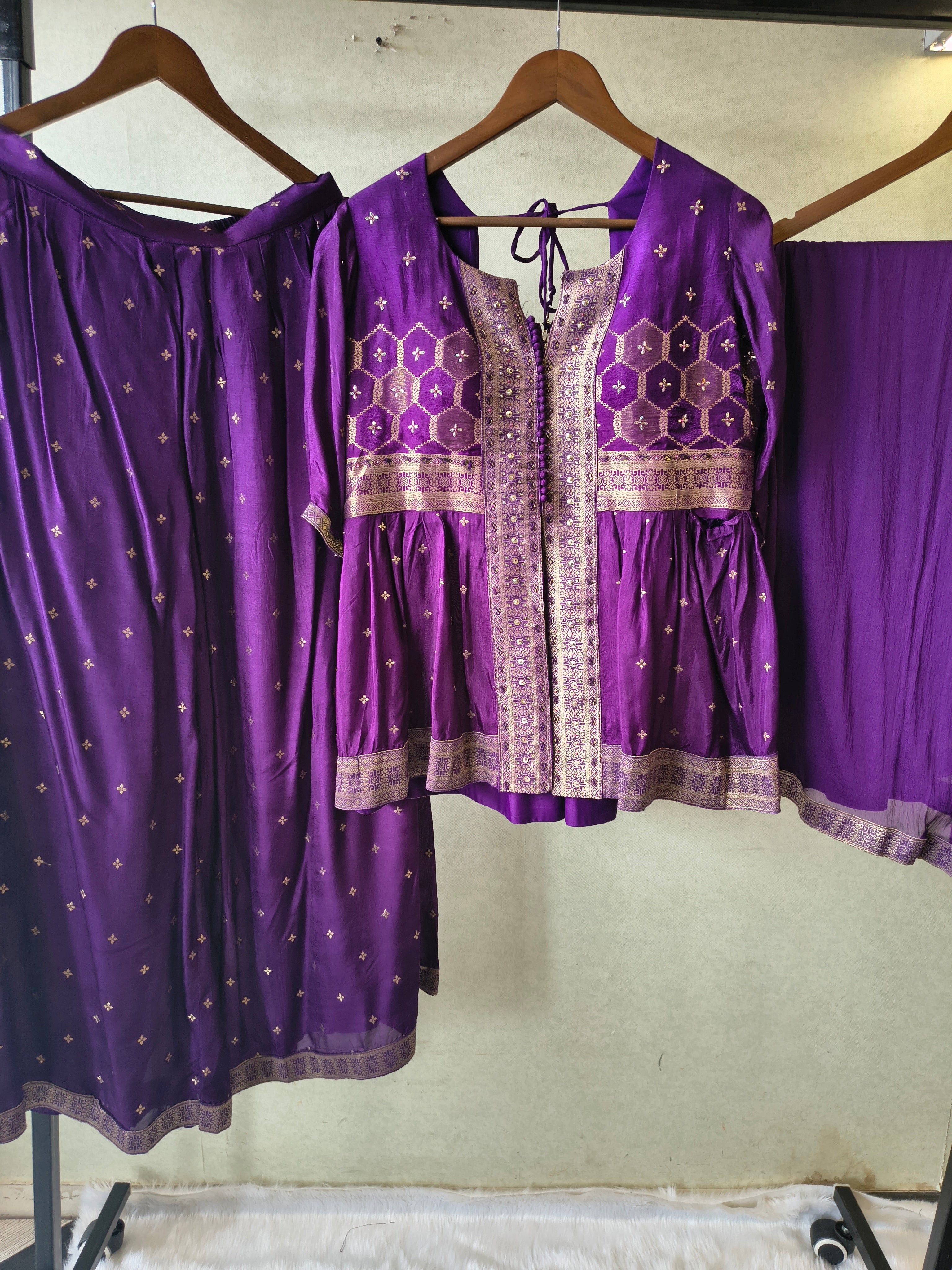 Image of Royal Purple Tissue Silk Embroidered Peplum Jacket with Flared Palazzo & Designer Dupatta – 3 Piece Festive Indo-Western Set