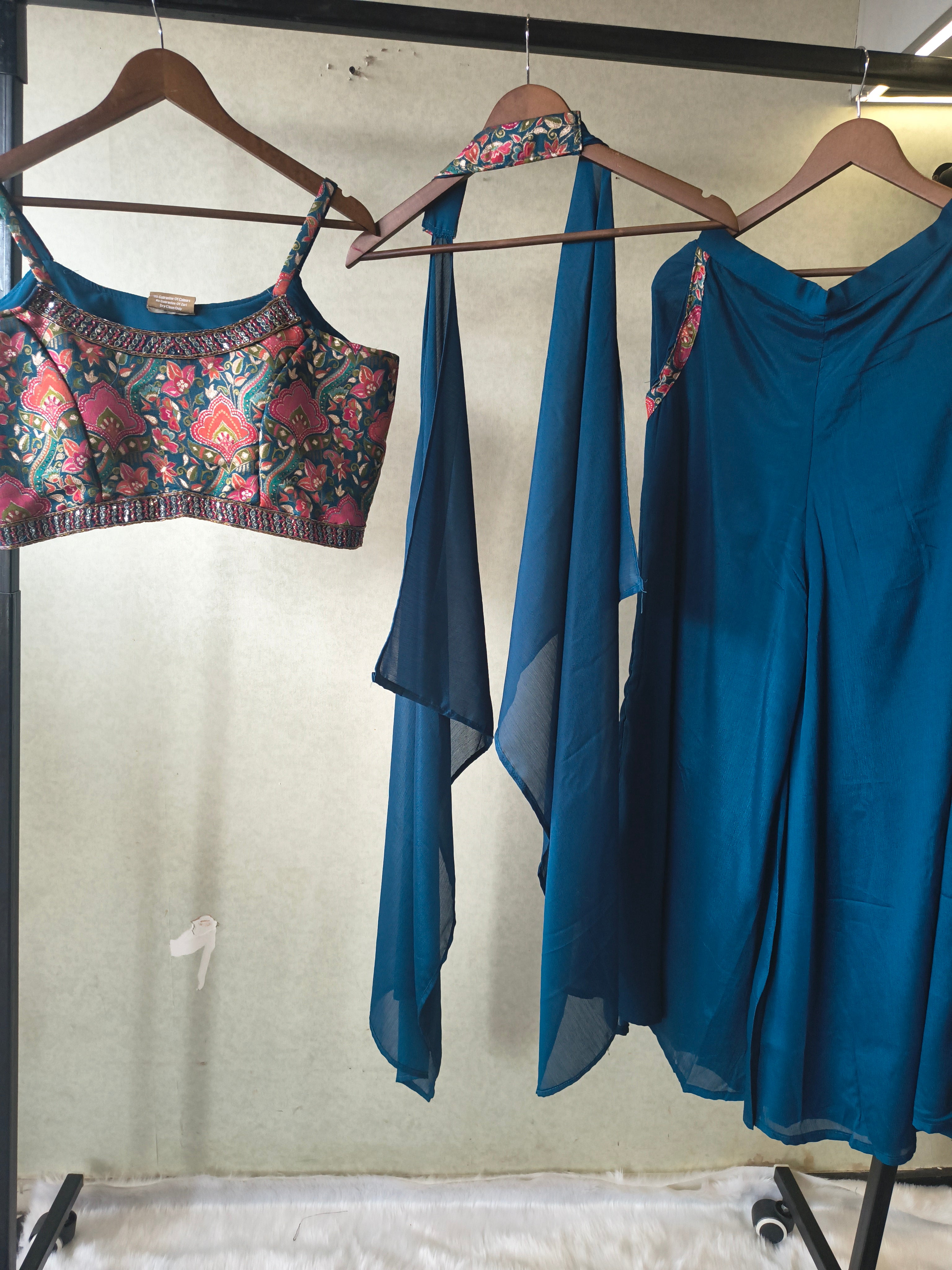 Image of Teal Printed Designer Blouse with Drape Palazzo & Cape – 3 Piece Indo-Western Fusion Party Wear Set