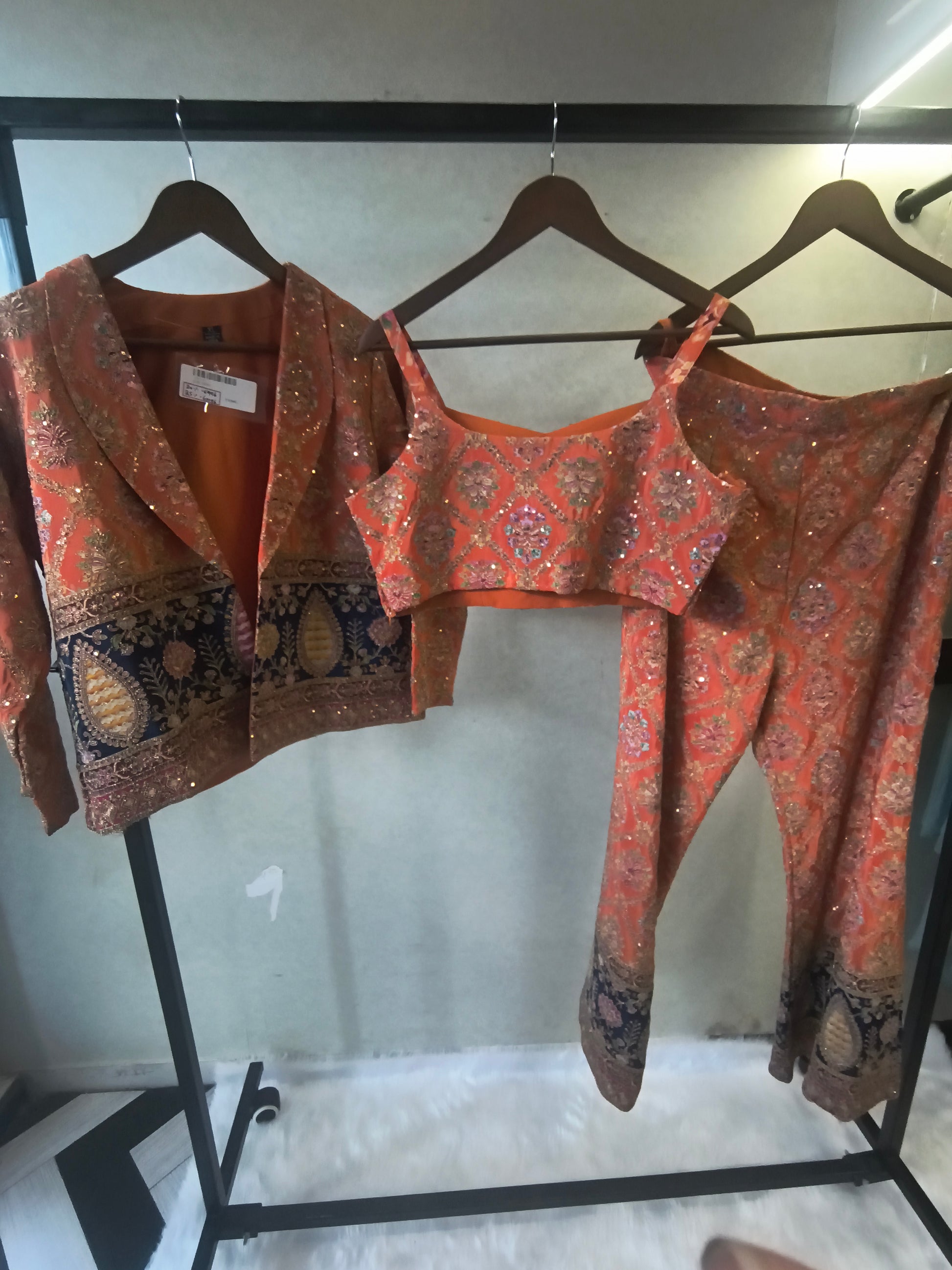 Luxury Coral Brocade Bralette with Embroidered Jacket & Designer Brocade Pants – 3 Piece Indo-Western Co-Ord Set