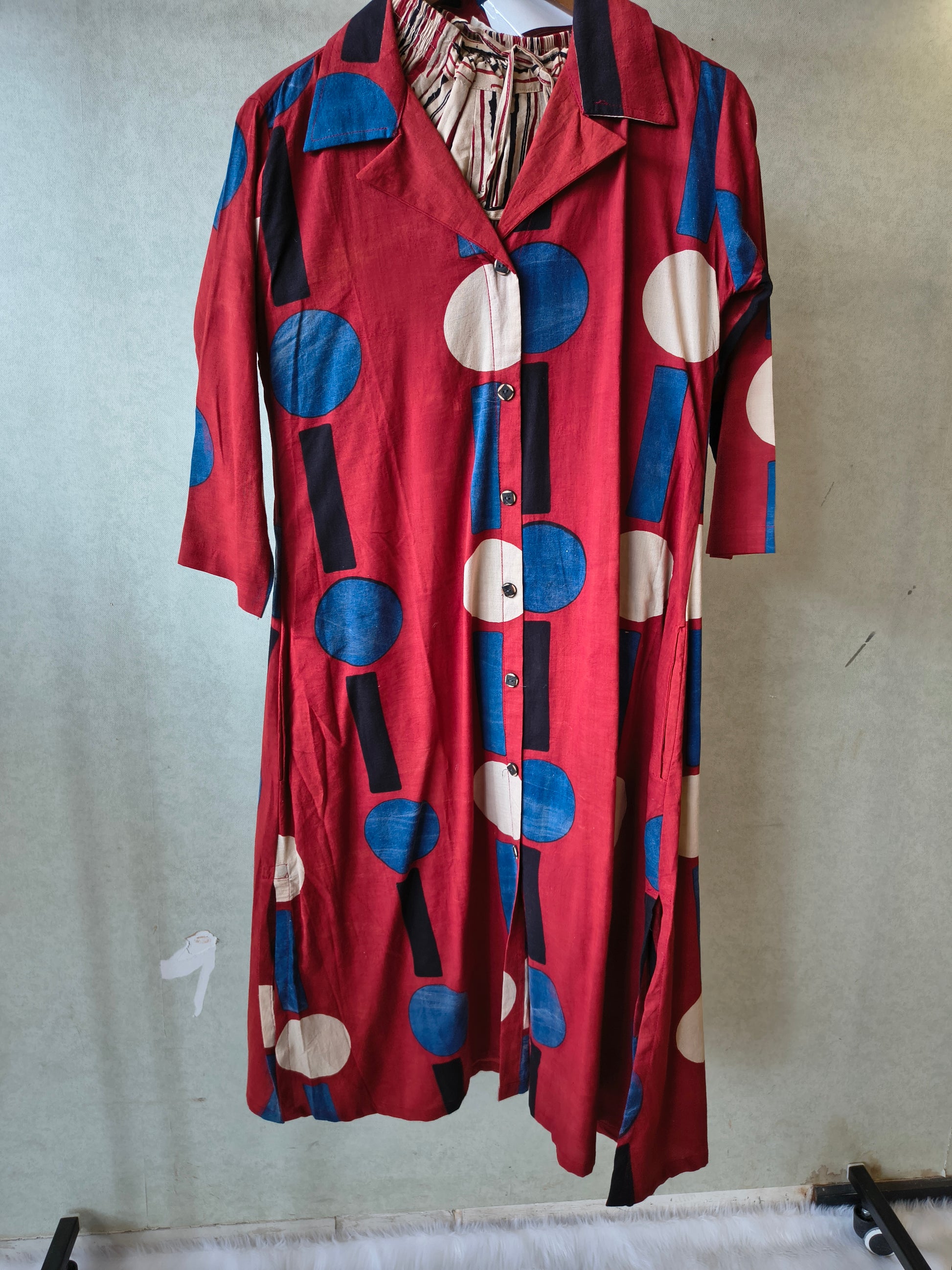 Premium Rust Red Abstract Printed Shirt Kurta with Striped Relaxed Pants Co-Ord Set