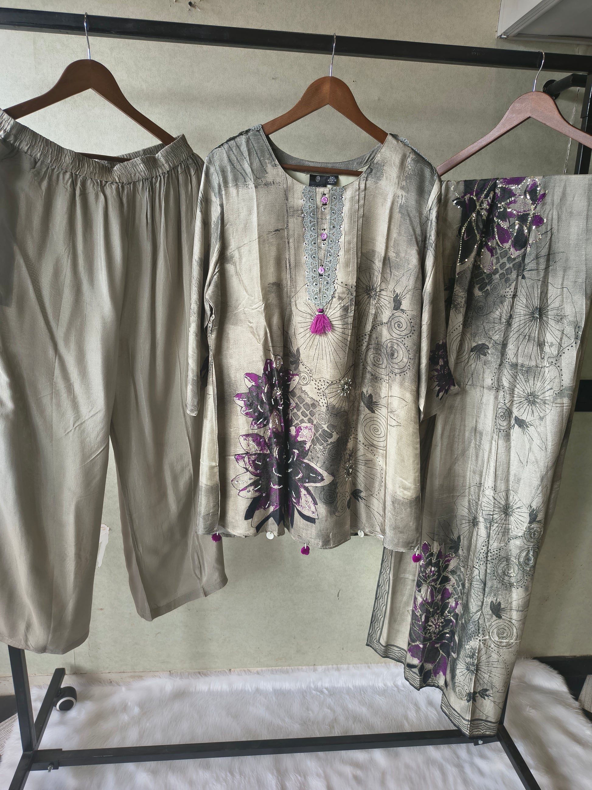 Premium Grey Abstract Floral Printed Kurta Set with Embellished Neckline, Solid Pants & Designer Printed Dupatta
