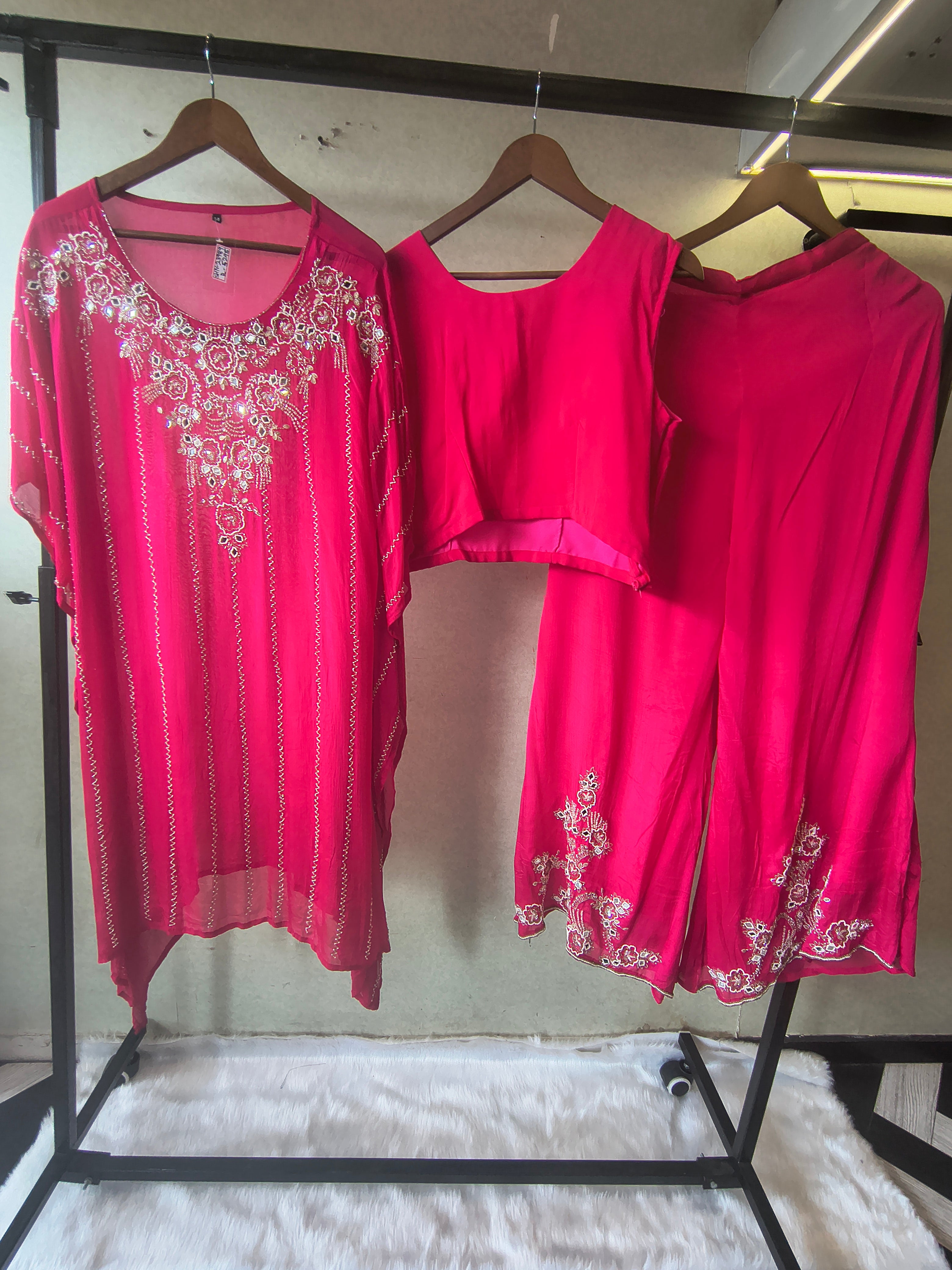 Image of Hot Pink Mirror Embroidered Kaftan Co-Ord Set with Crop Top & Flared Palazzo – Designer 3 Piece Indo-Western Ensemble