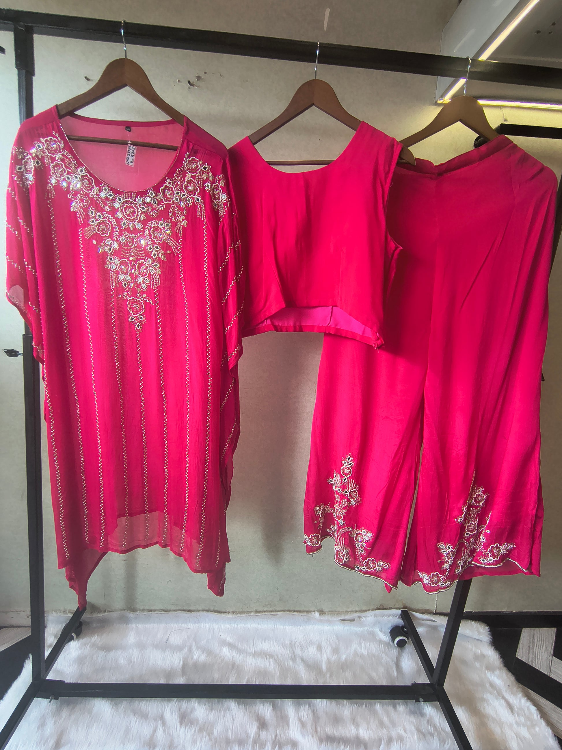 Hot Pink Mirror Embroidered Kaftan Co-Ord Set with Crop Top & Flared Palazzo – Designer 3 Piece Indo-Western Ensemble