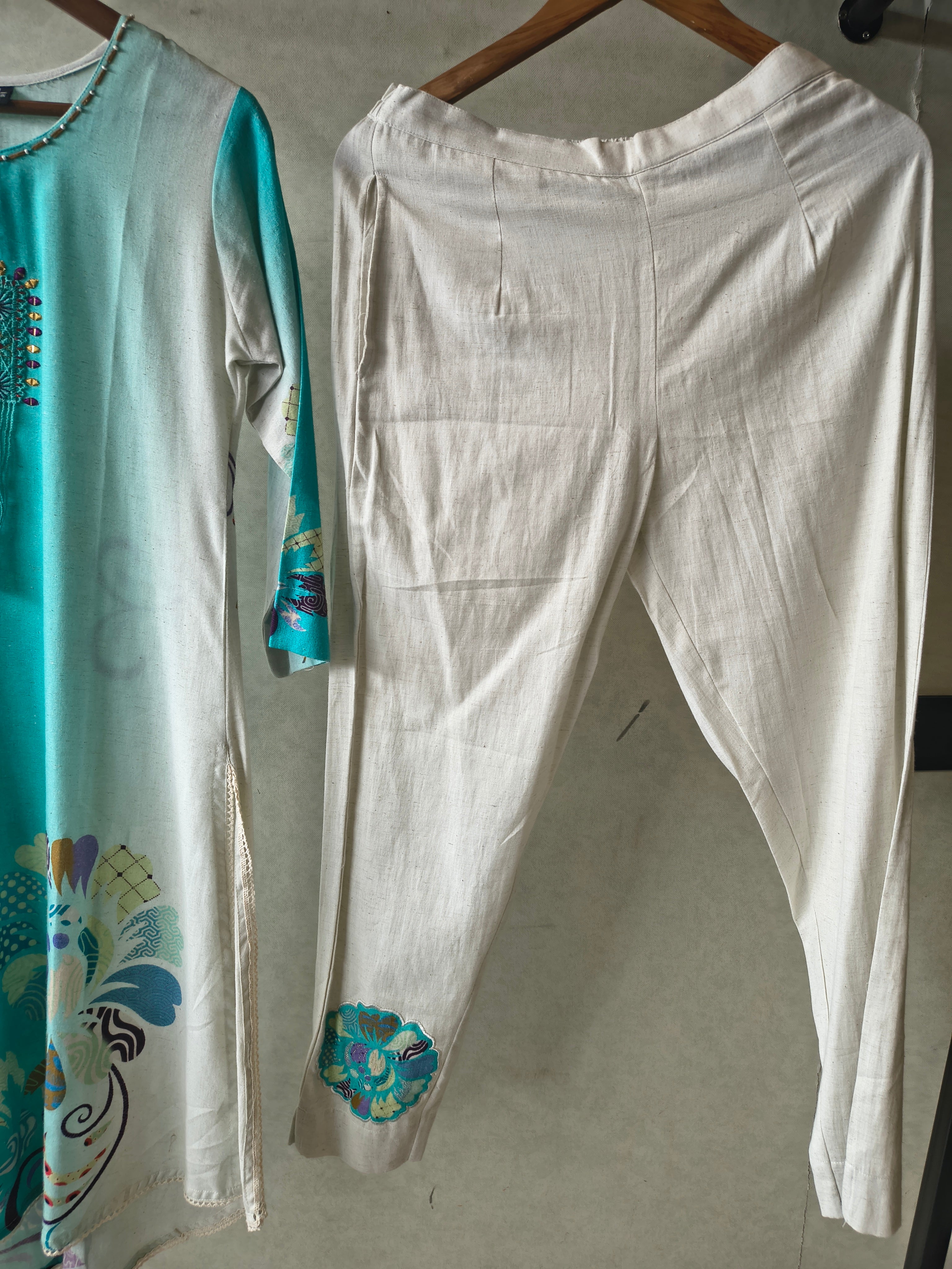 Image of Premium Aqua Ombre Linen Blend Kurta Set with Handcrafted Embroidered Tassel Patch & Embroidered Pants