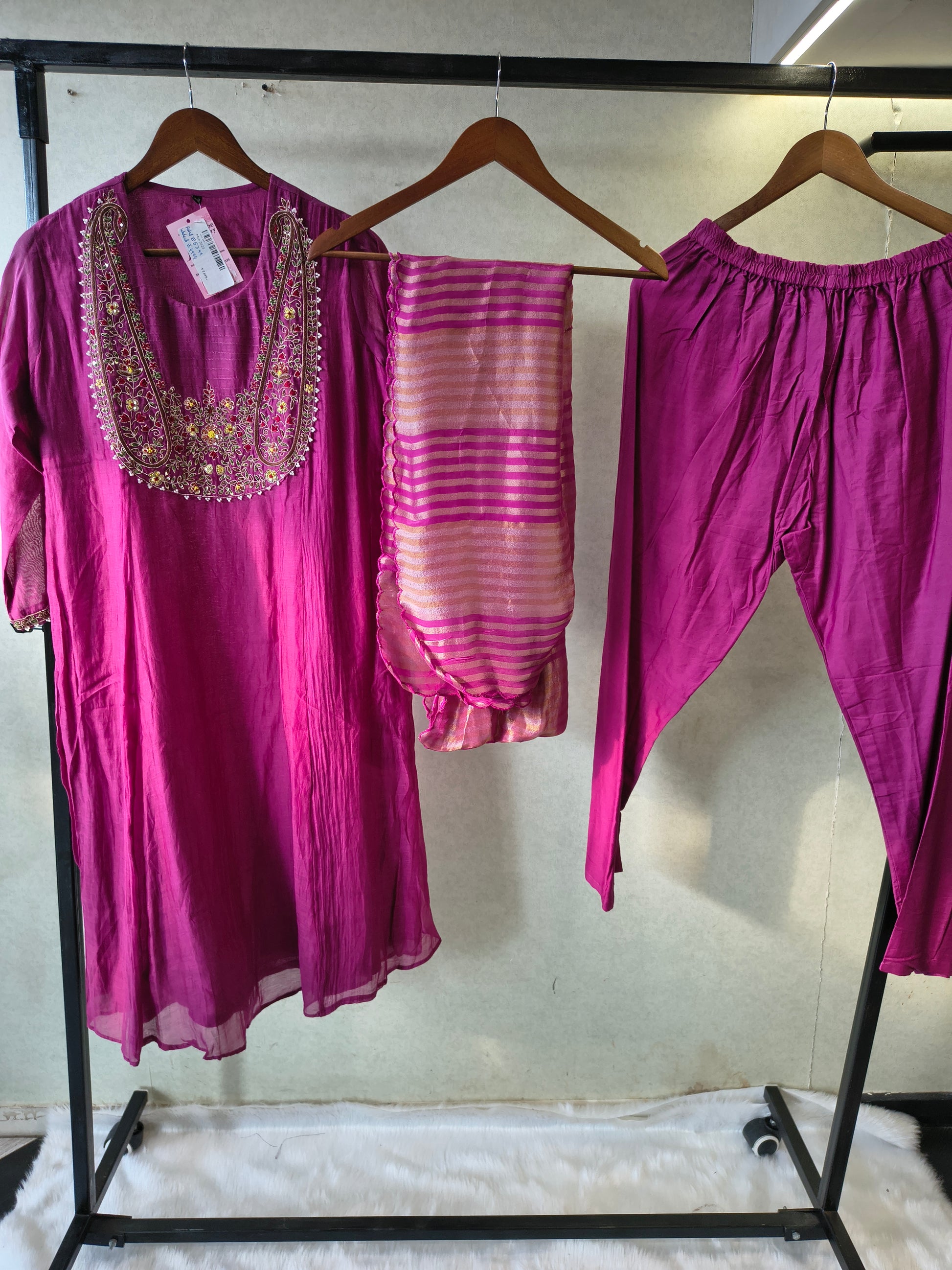 Magenta Embroidered Straight Kurta Set with Heavy Handcrafted Yoke, Striped Organza Dupatta & Premium 3 Piece Ethnic Ensemble