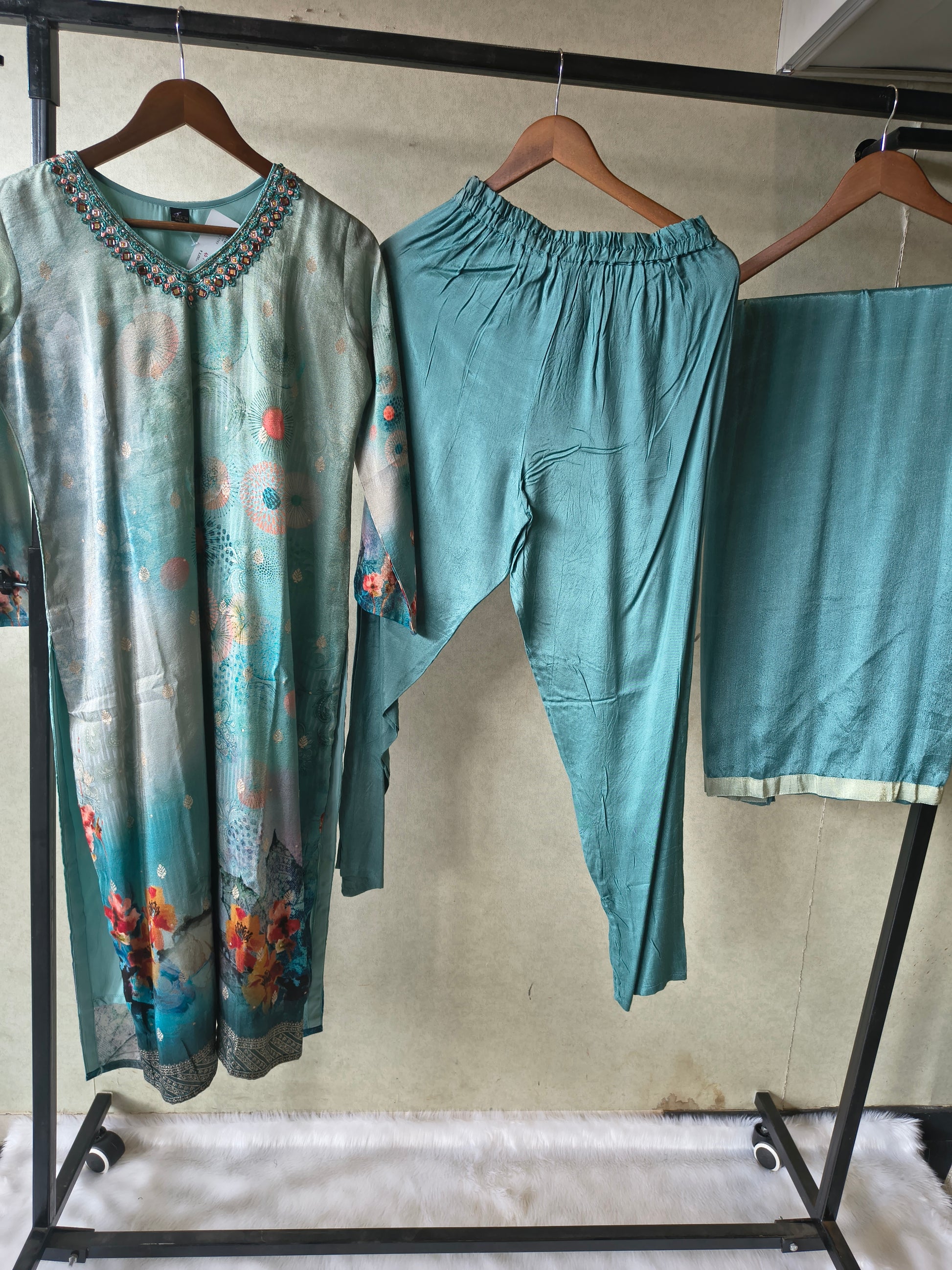 Premium Teal Digital Floral Printed Silk Blend Kurta Set with Solid Pants & Chiffon Dupatta