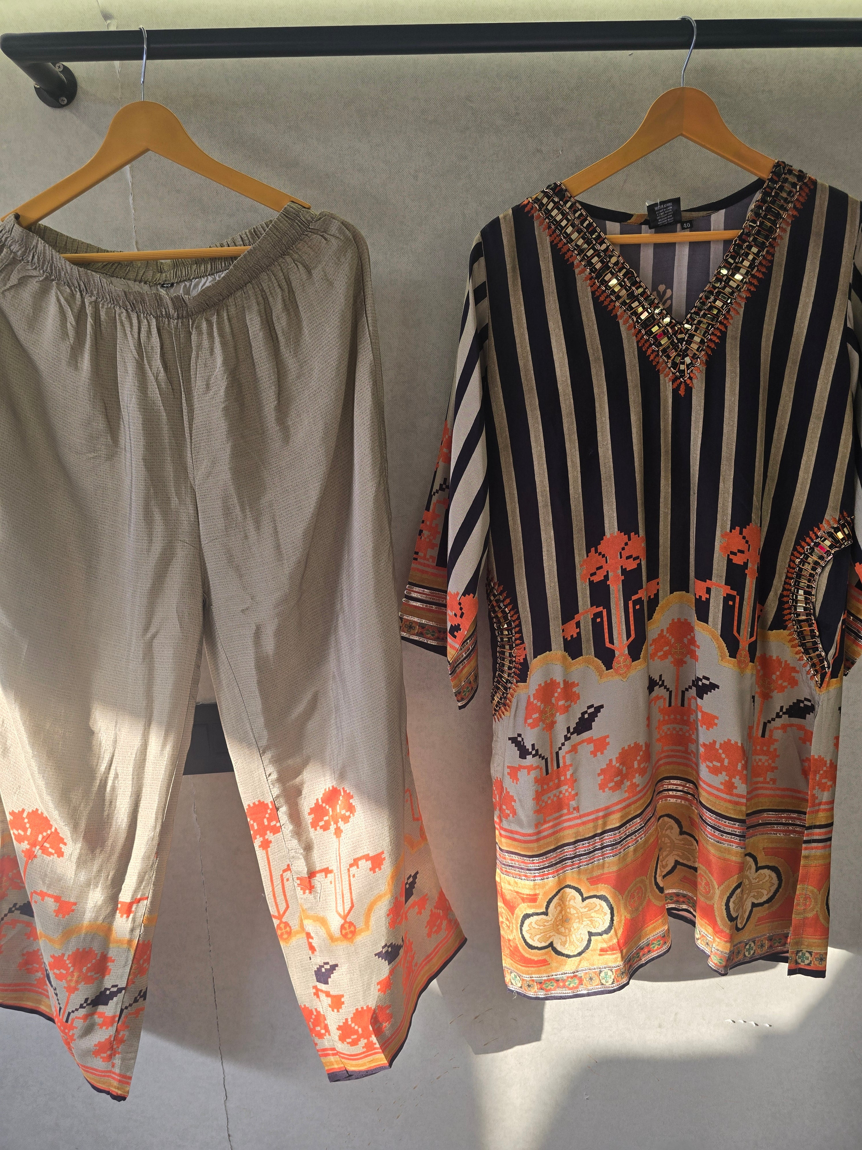 Image of Navy Stripe Mirror Work Kaftan Co-Ord Set