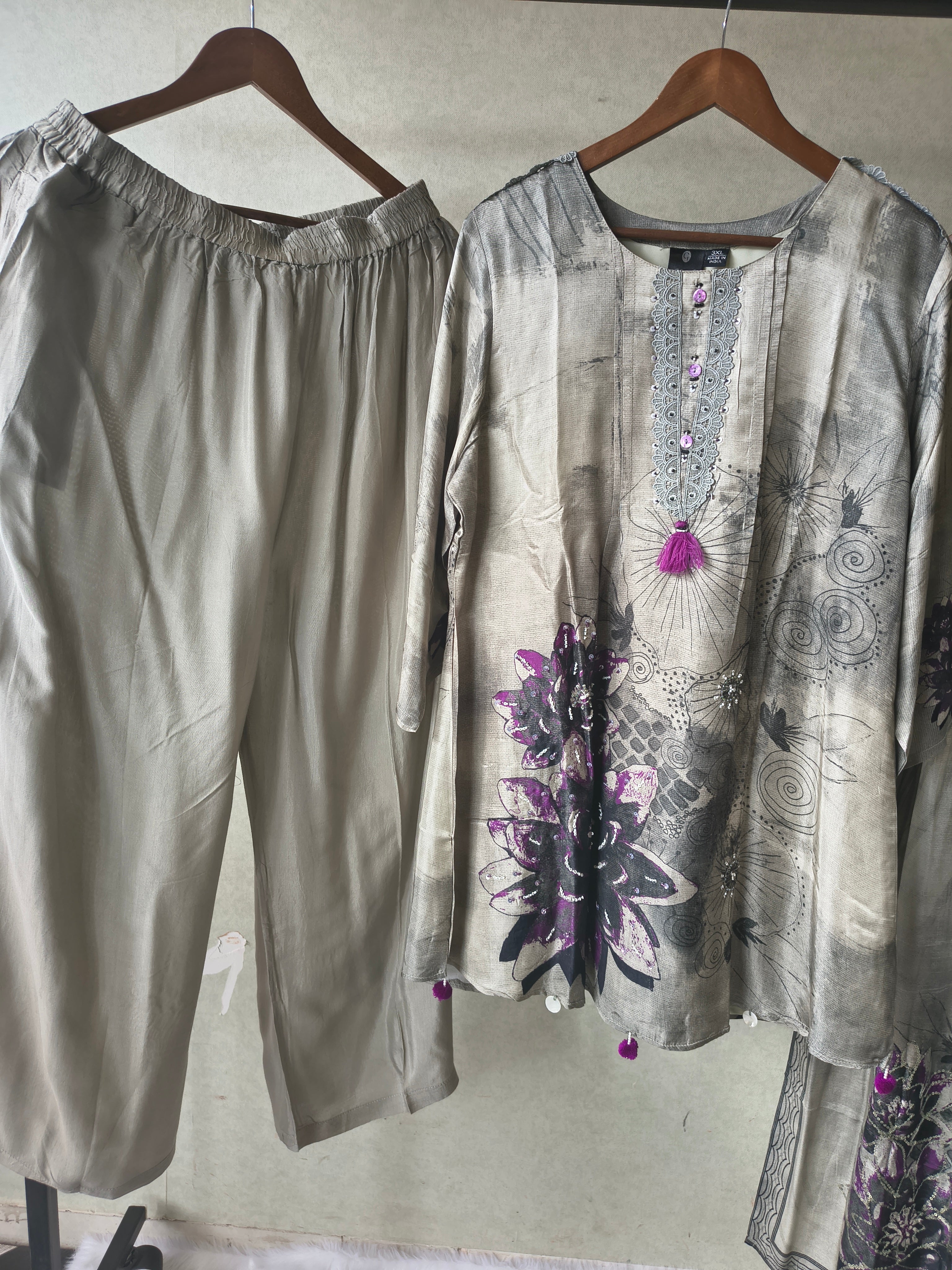 Image of Premium Grey Abstract Floral Printed Kurta Set with Embellished Neckline, Solid Pants & Designer Printed Dupatta