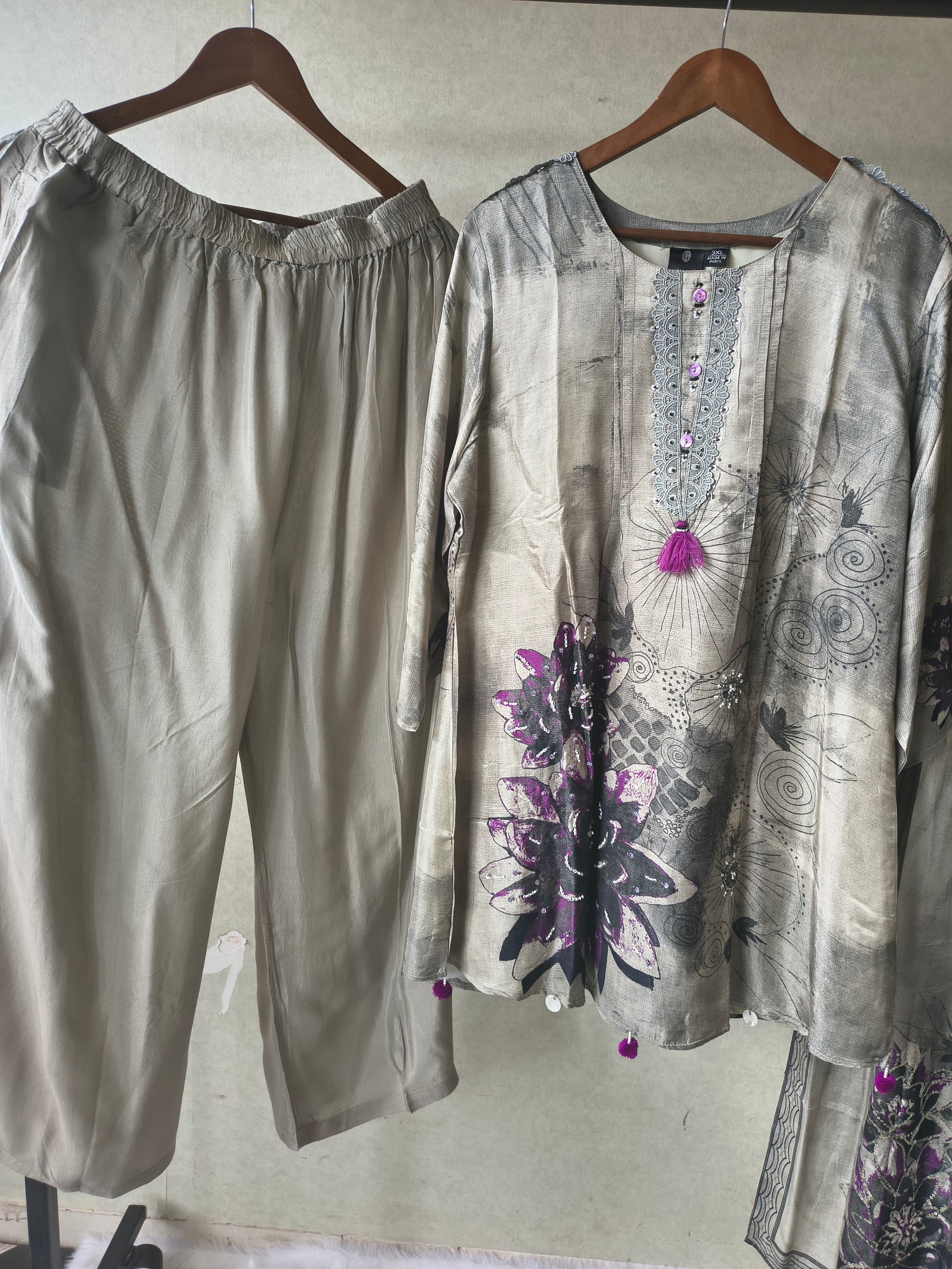 Premium Grey Abstract Floral Printed Kurta Set with Embellished Neckline, Solid Pants & Designer Printed Dupatta