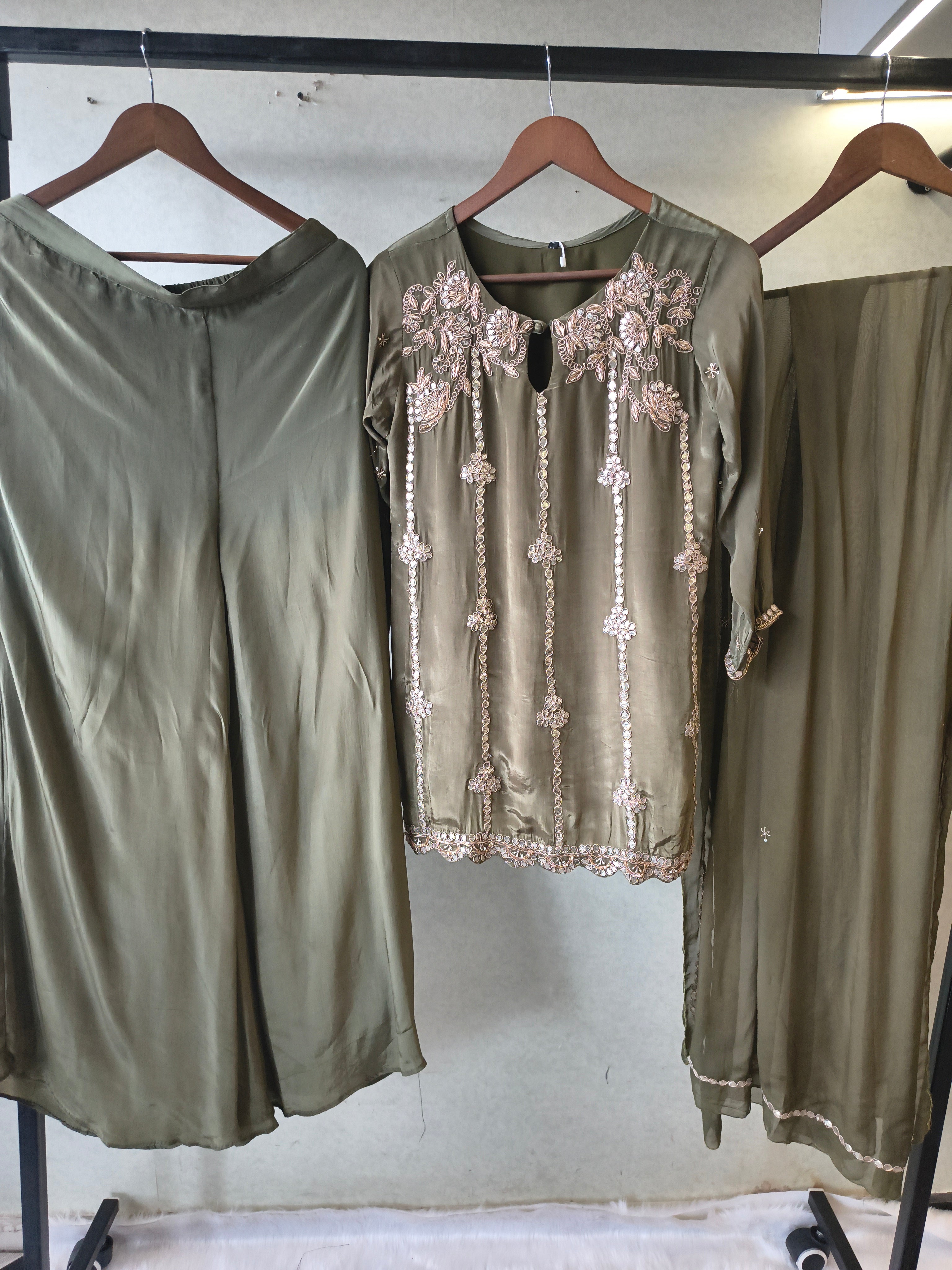 Image of Olive Green Pearl & Mirror Embroidered Kurta Set with Flared Palazzo & Organza Dupatta – Designer 3 Piece Festive Ensemble
