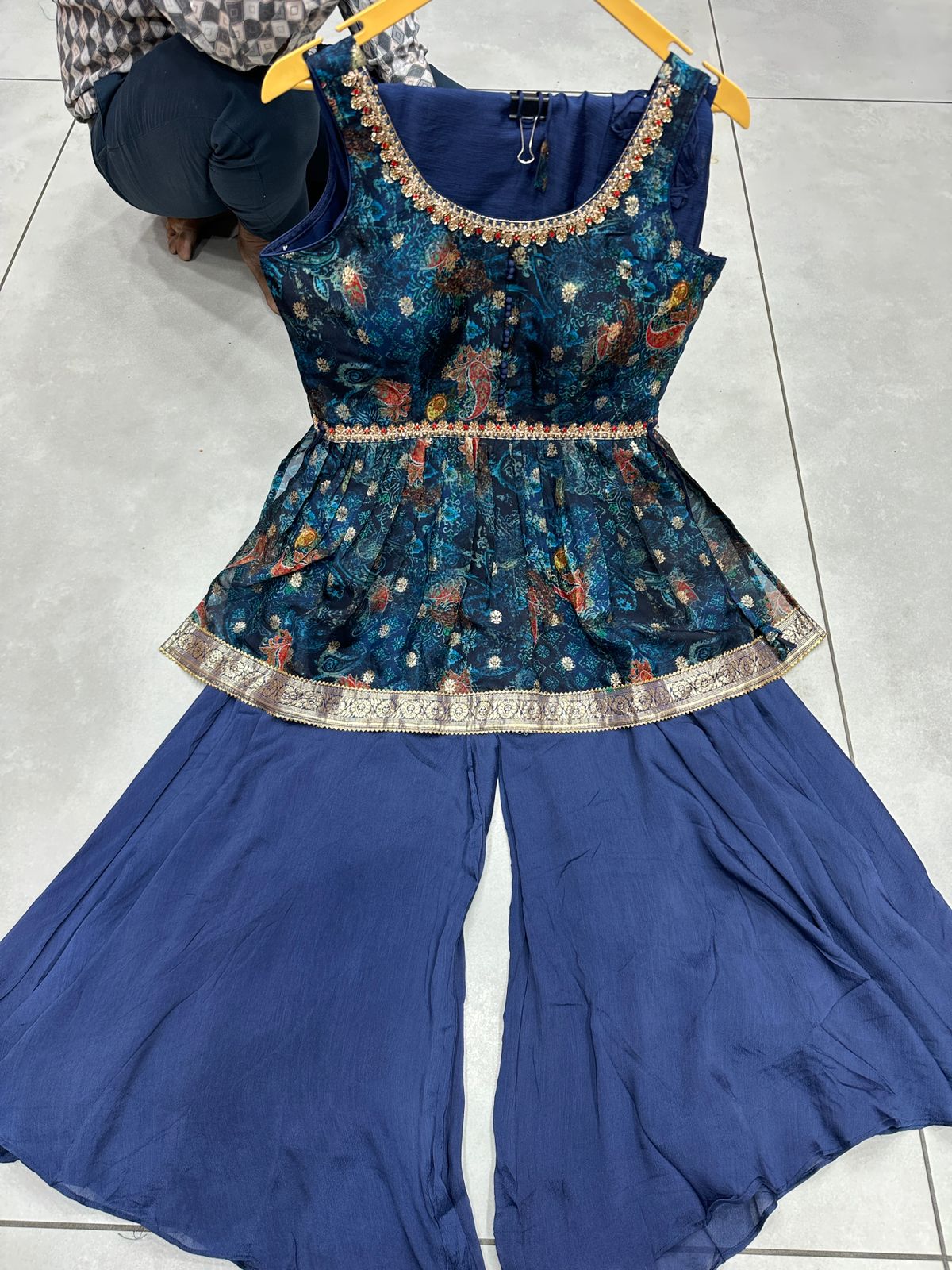 Pure Silk Top with georgette Plazzo Indo western 3 Piece Set