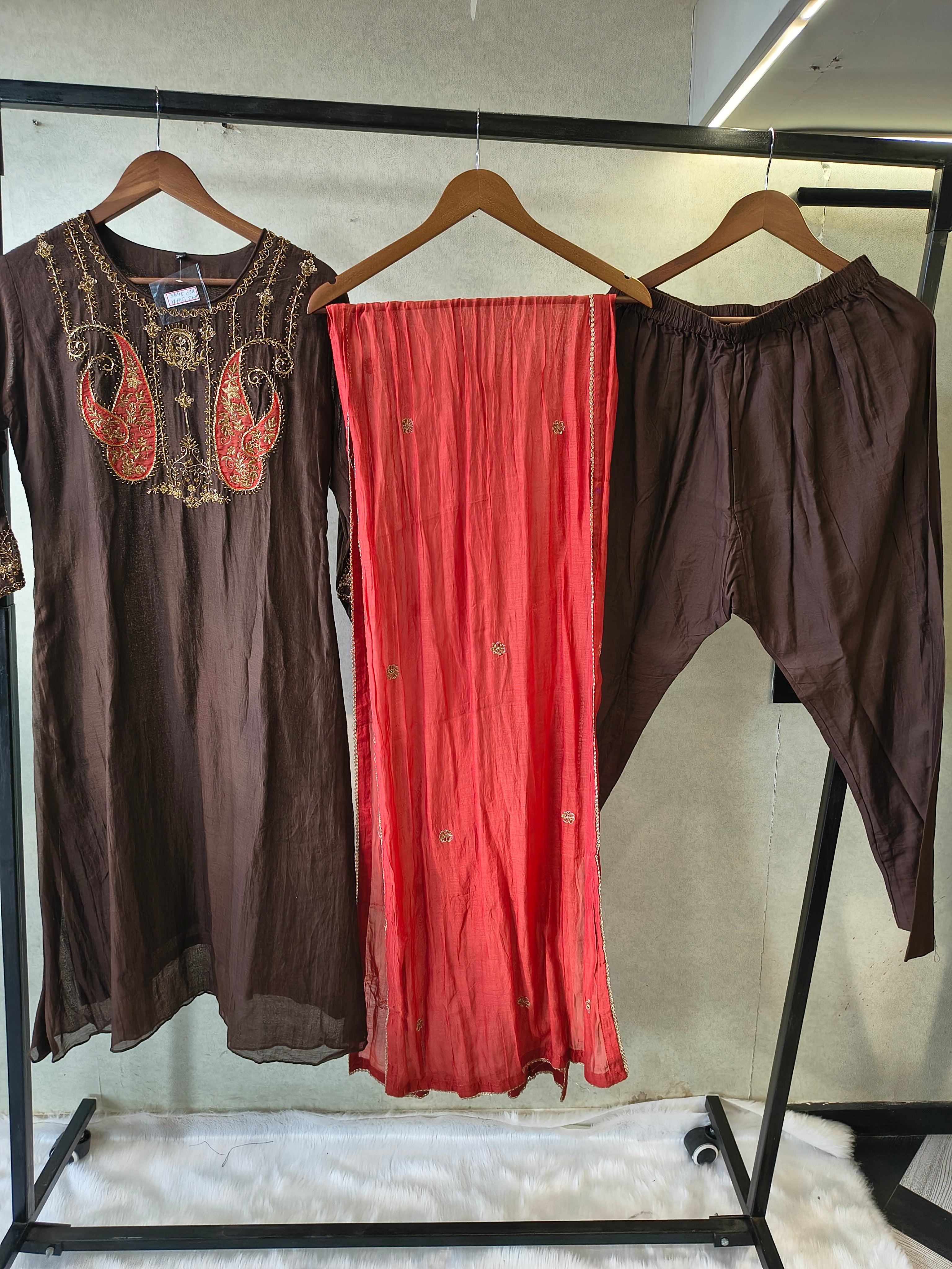 Image of Midnight Black Embroidered Straight Kurta Set with Statement Paisley Yoke, Contrast Crimson Dupatta & Premium 3 Piece Ethnic Ensemble