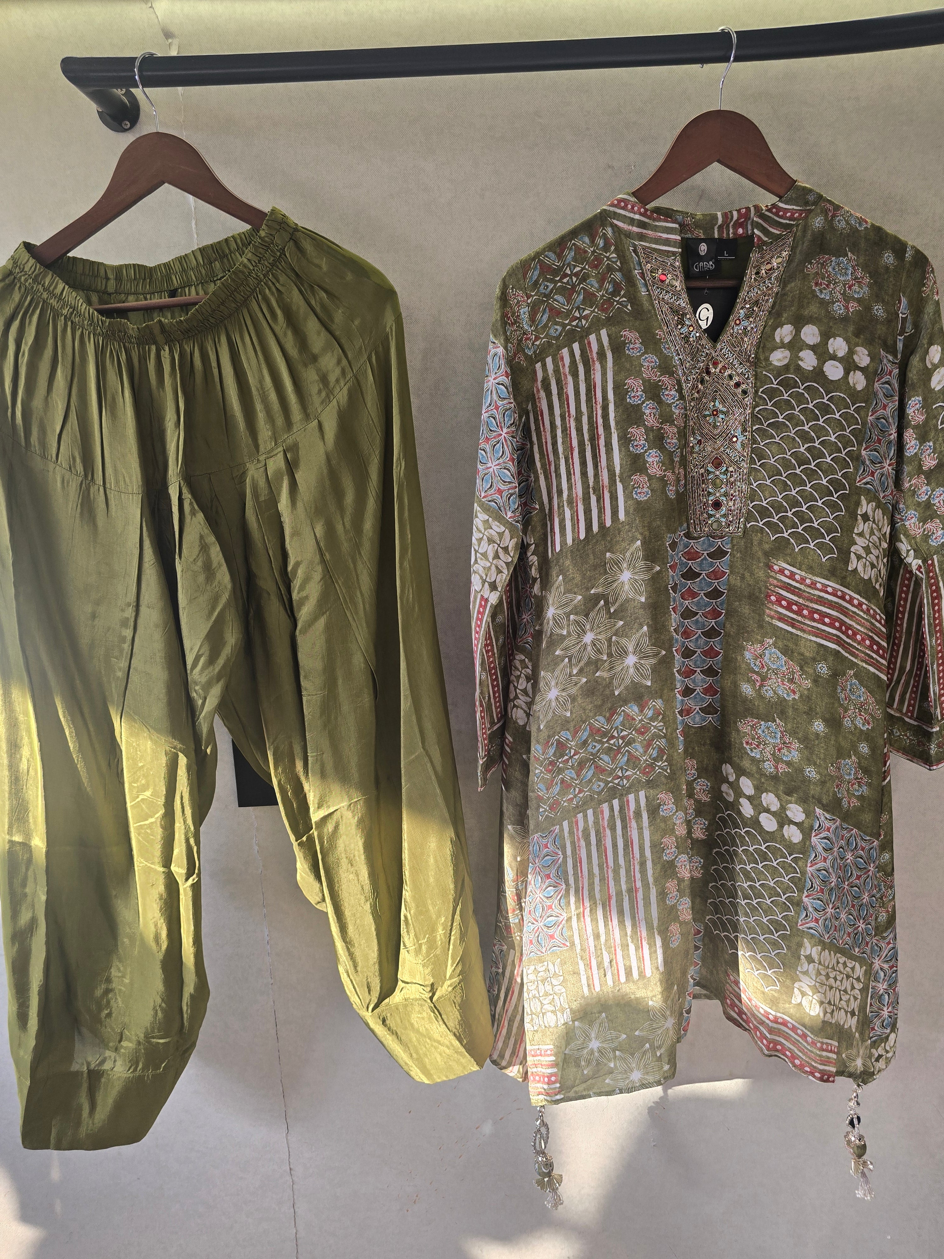 Image of Olive Patchwork Print Embroidered Co-Ord Set