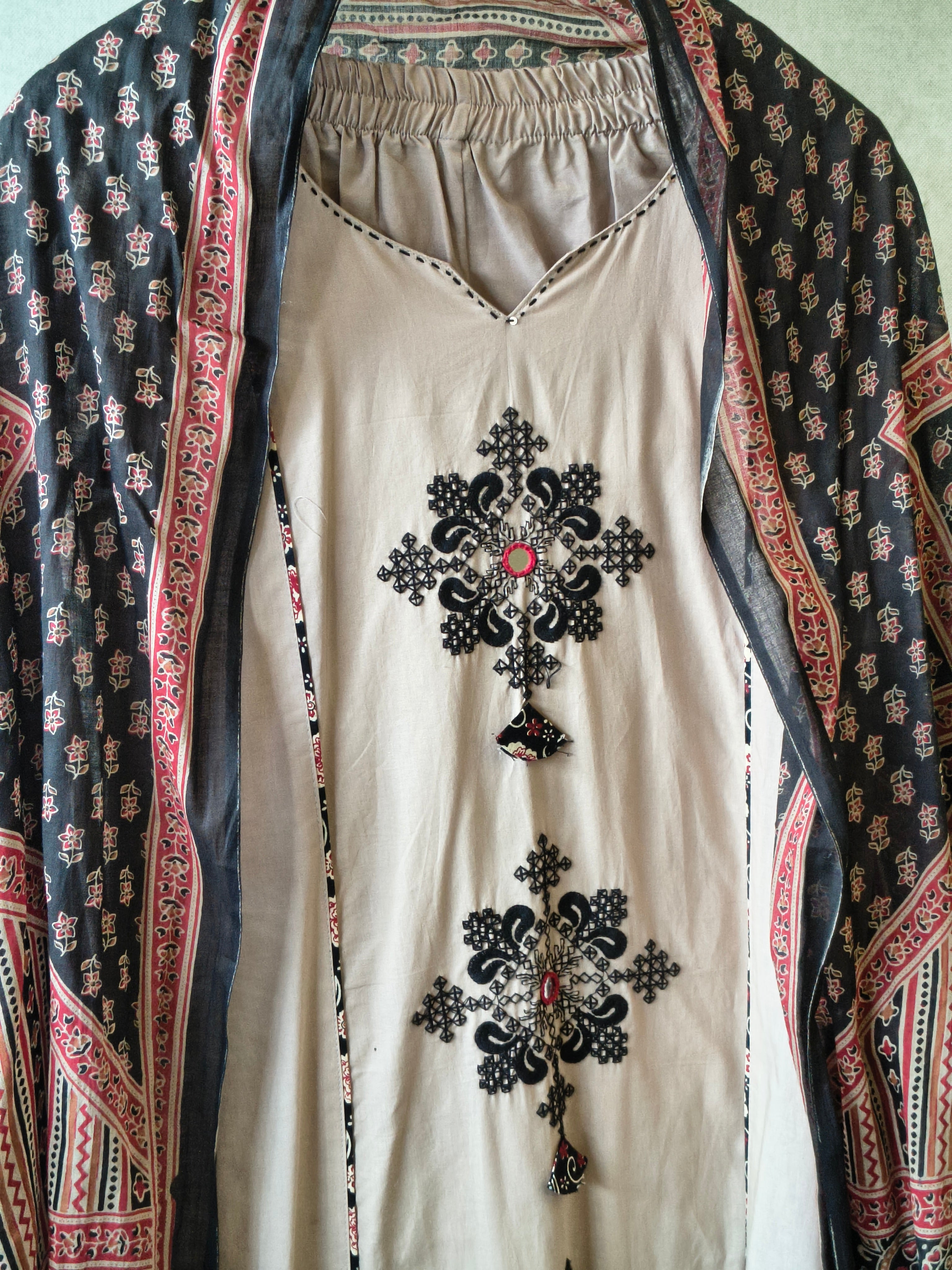 Image of Blush Beige Cotton Straight Kurta Set with Floral Embroidery & Printed Dupatta
