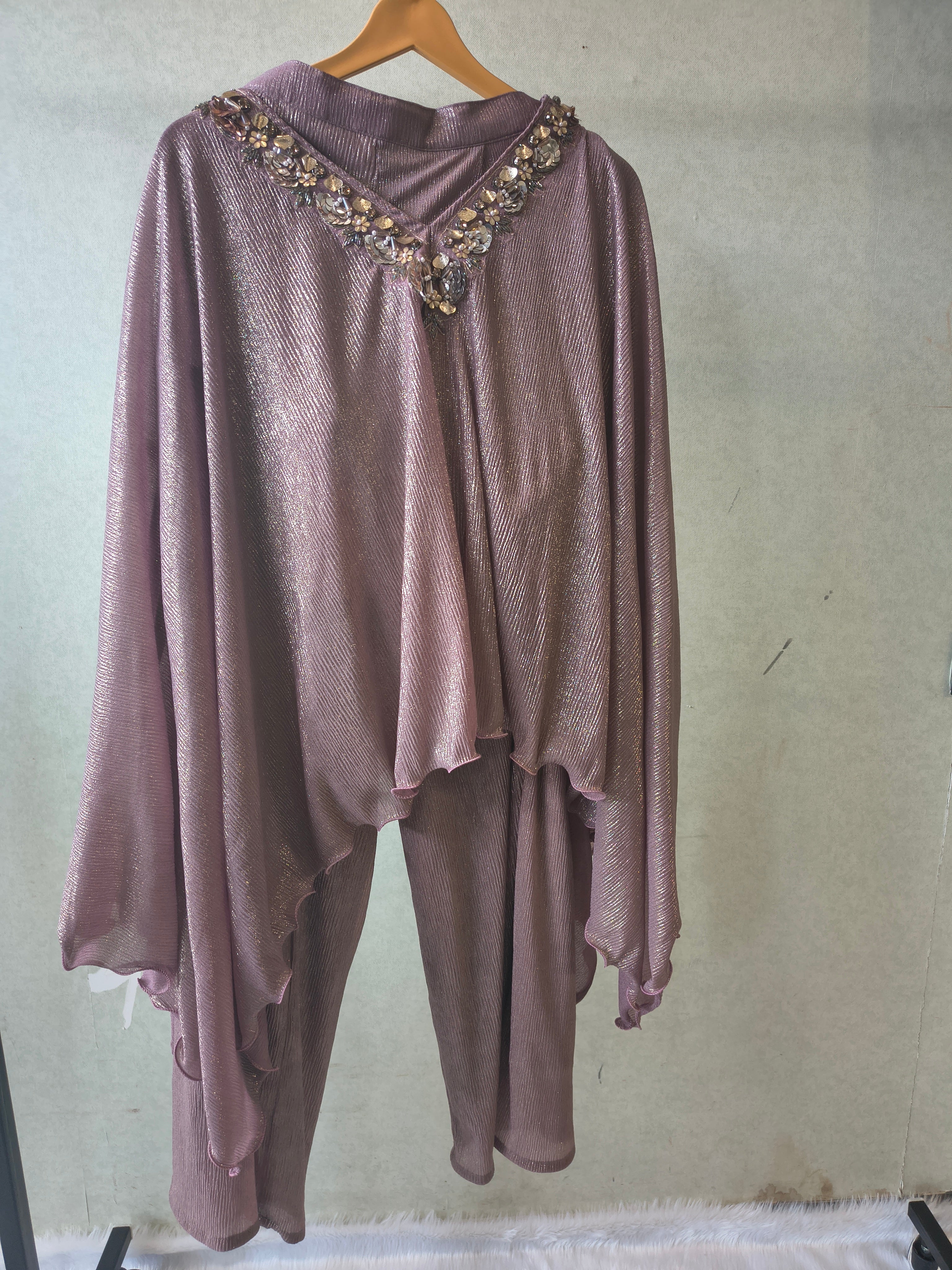 Image of Premium Rose Gold Shimmer Kaftan Co-Ord Set with Hand Embellished Cape & Straight Pants