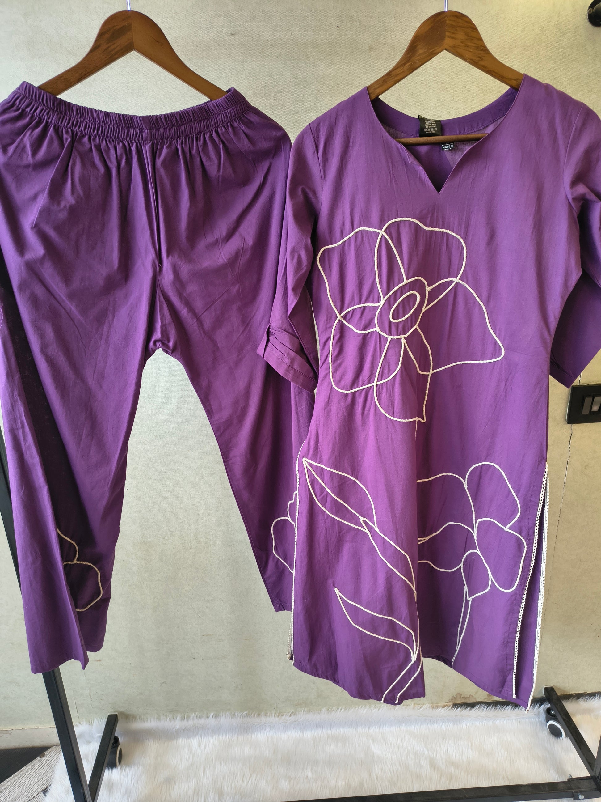 Royal Purple Floral Embroidered Cotton Kurta Set with Straight Pants