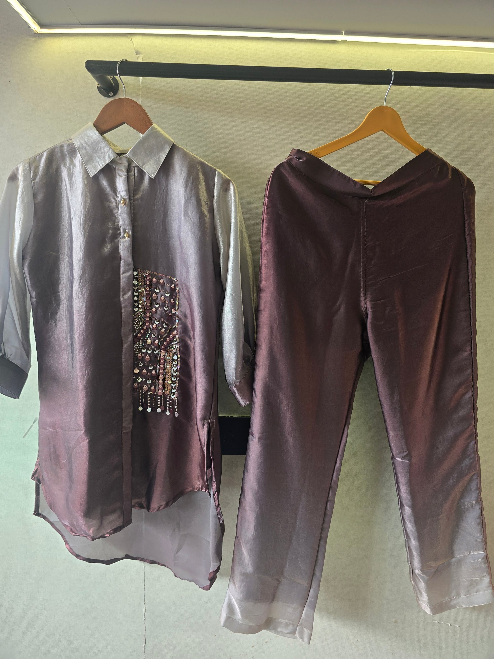 Metallic Ombre Satin Embellished Co-Ord Set