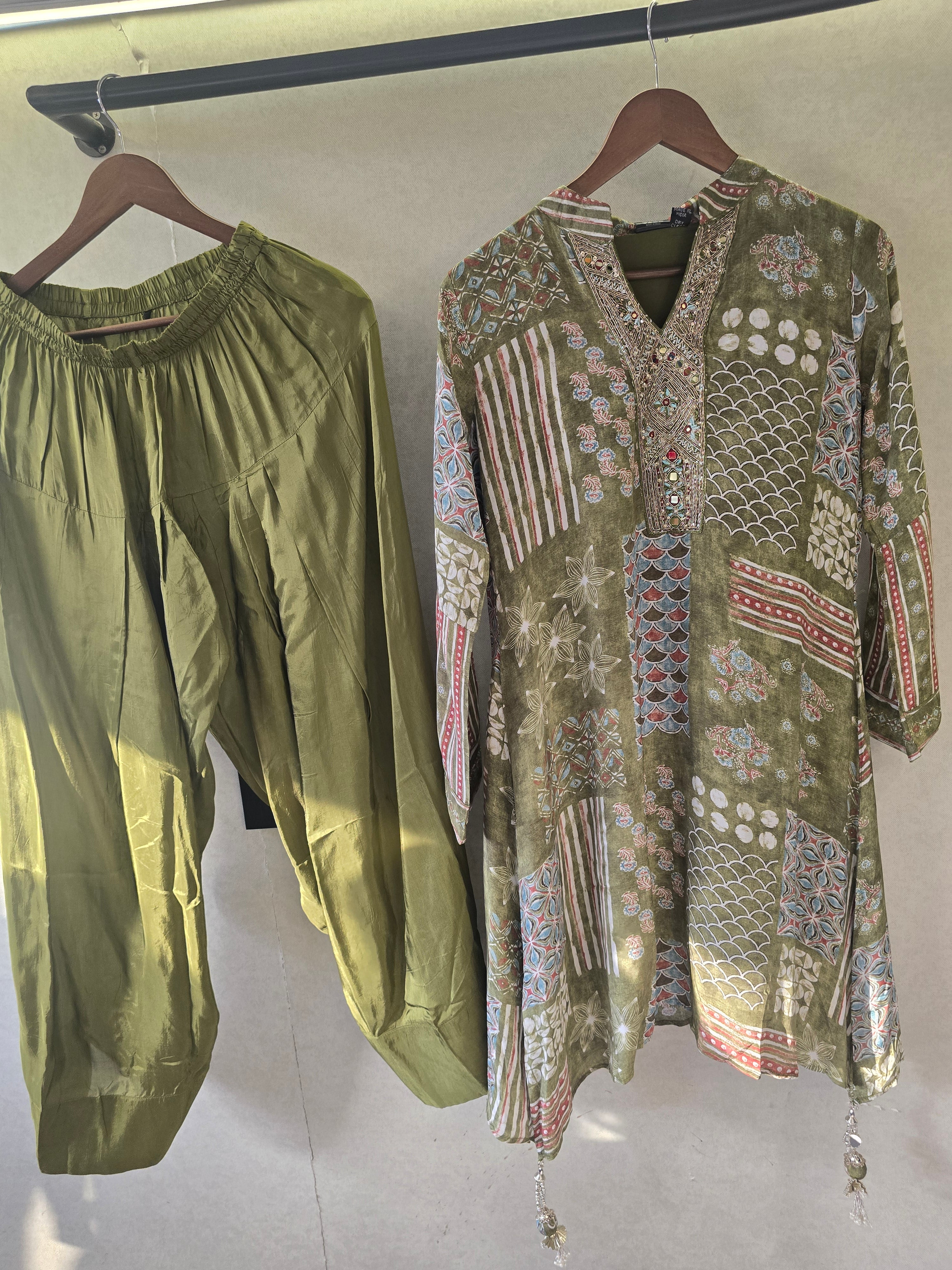 Image of Olive Patchwork Print Embroidered Co-Ord Set