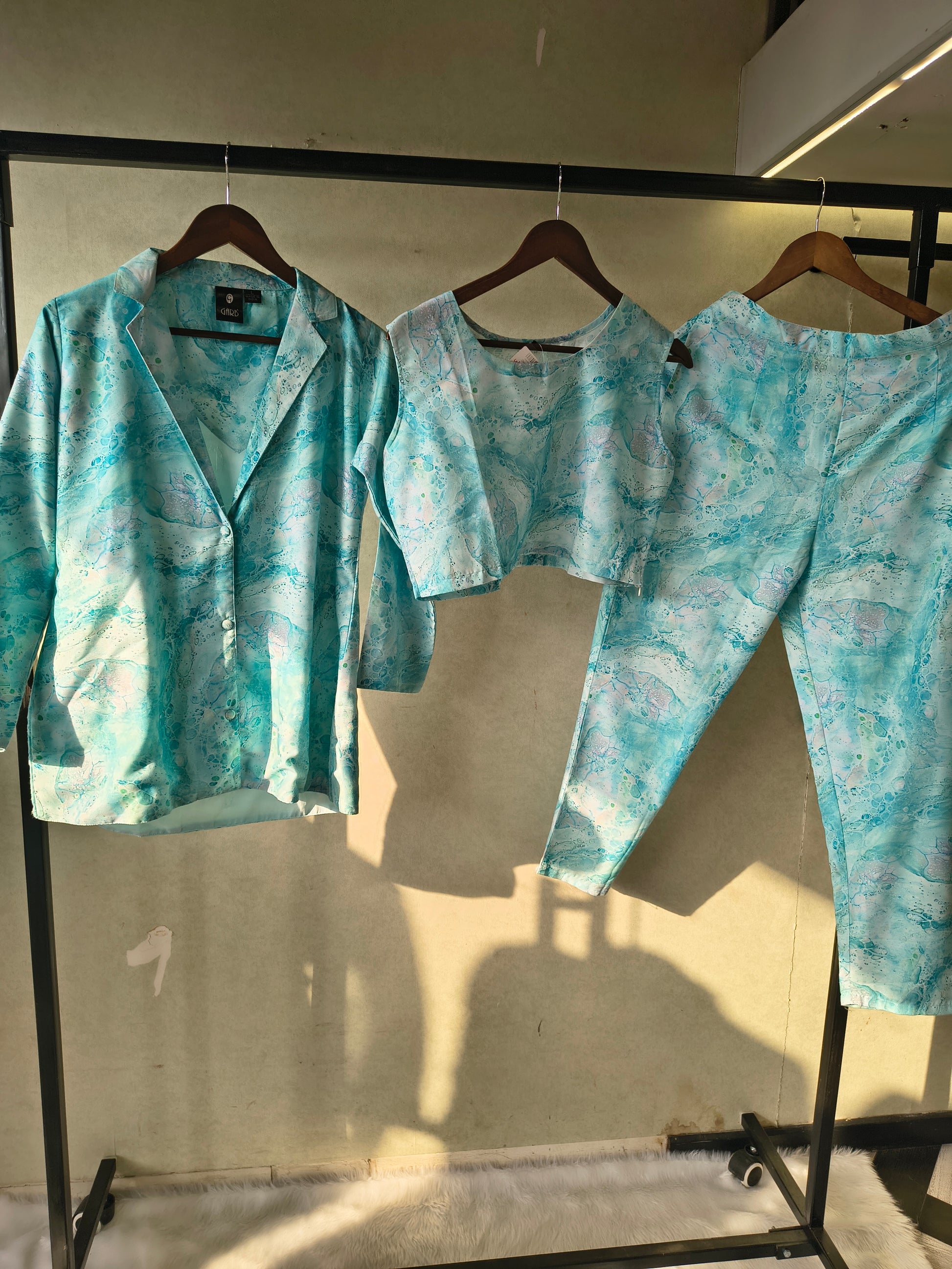 Premium Aqua Marble Print Blazer, Crop Top & Straight Pants Co-Ord Set