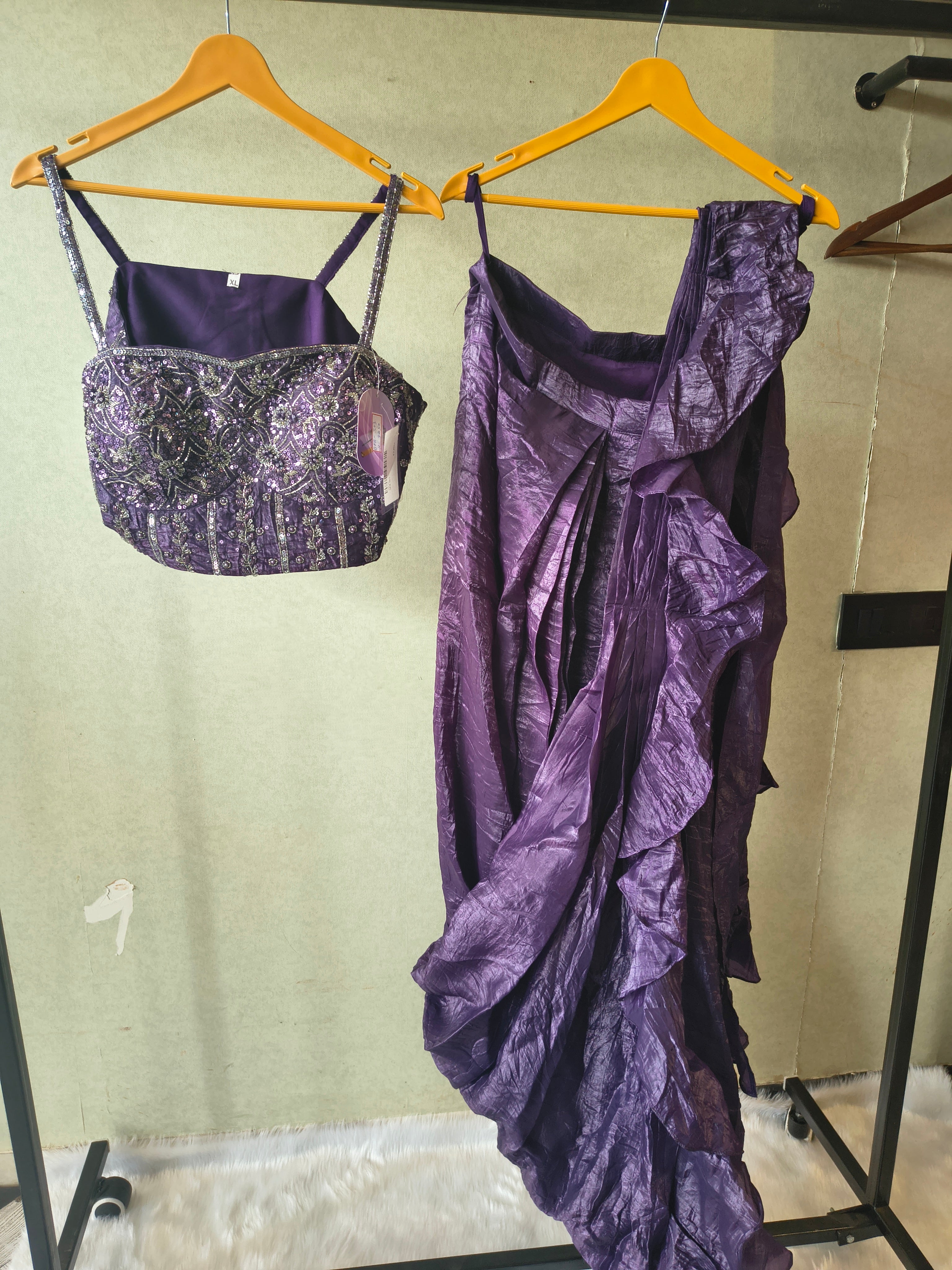 Image of Premium Purple Pre-Draped Designer Saree with Heavy Hand Embroidered Sequins Blouse