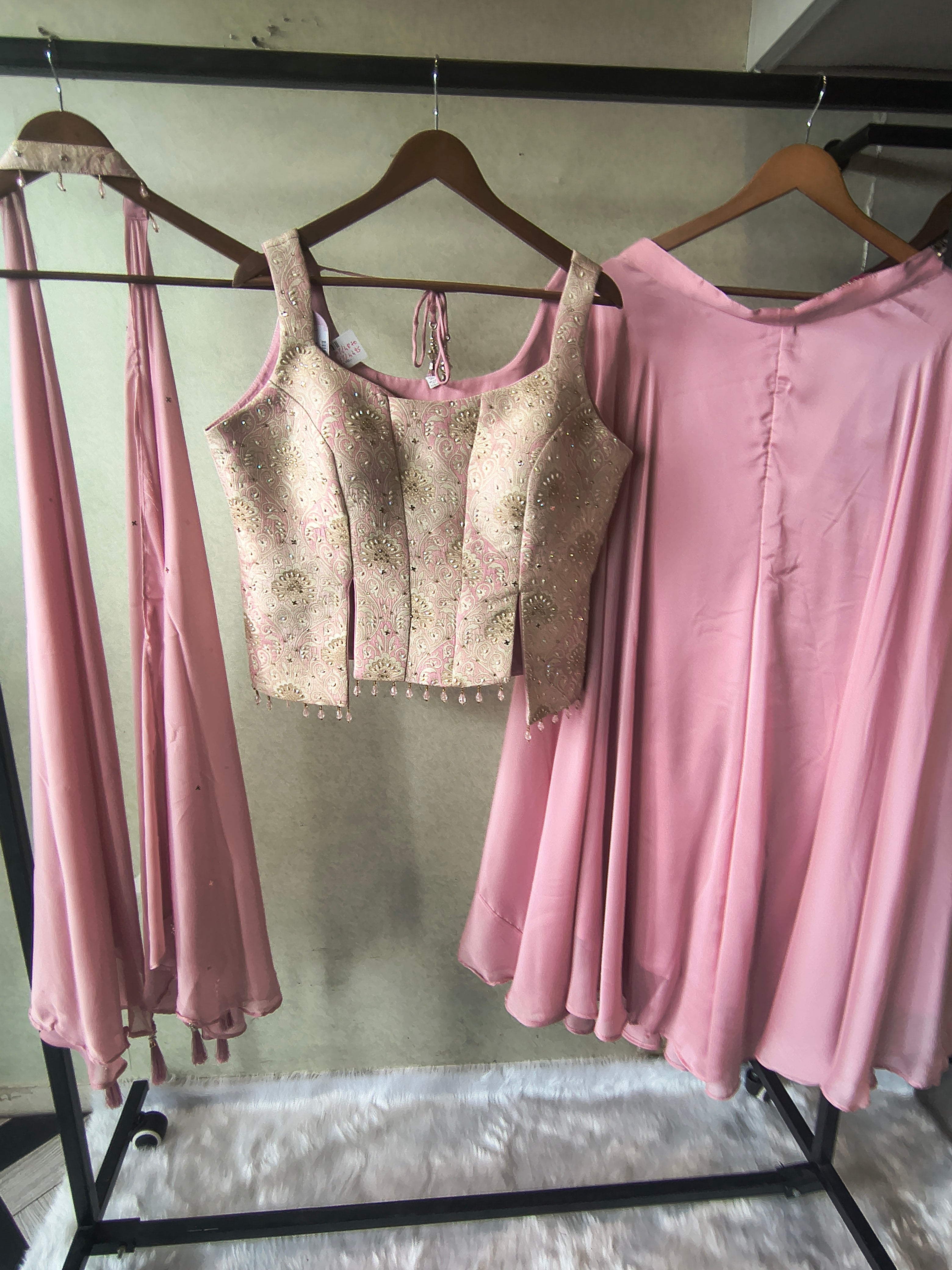 Image of Premium Blush Pink 3-Piece Designer Lehenga Set with Brocade Embroidered Blouse & Tassel Dupatta