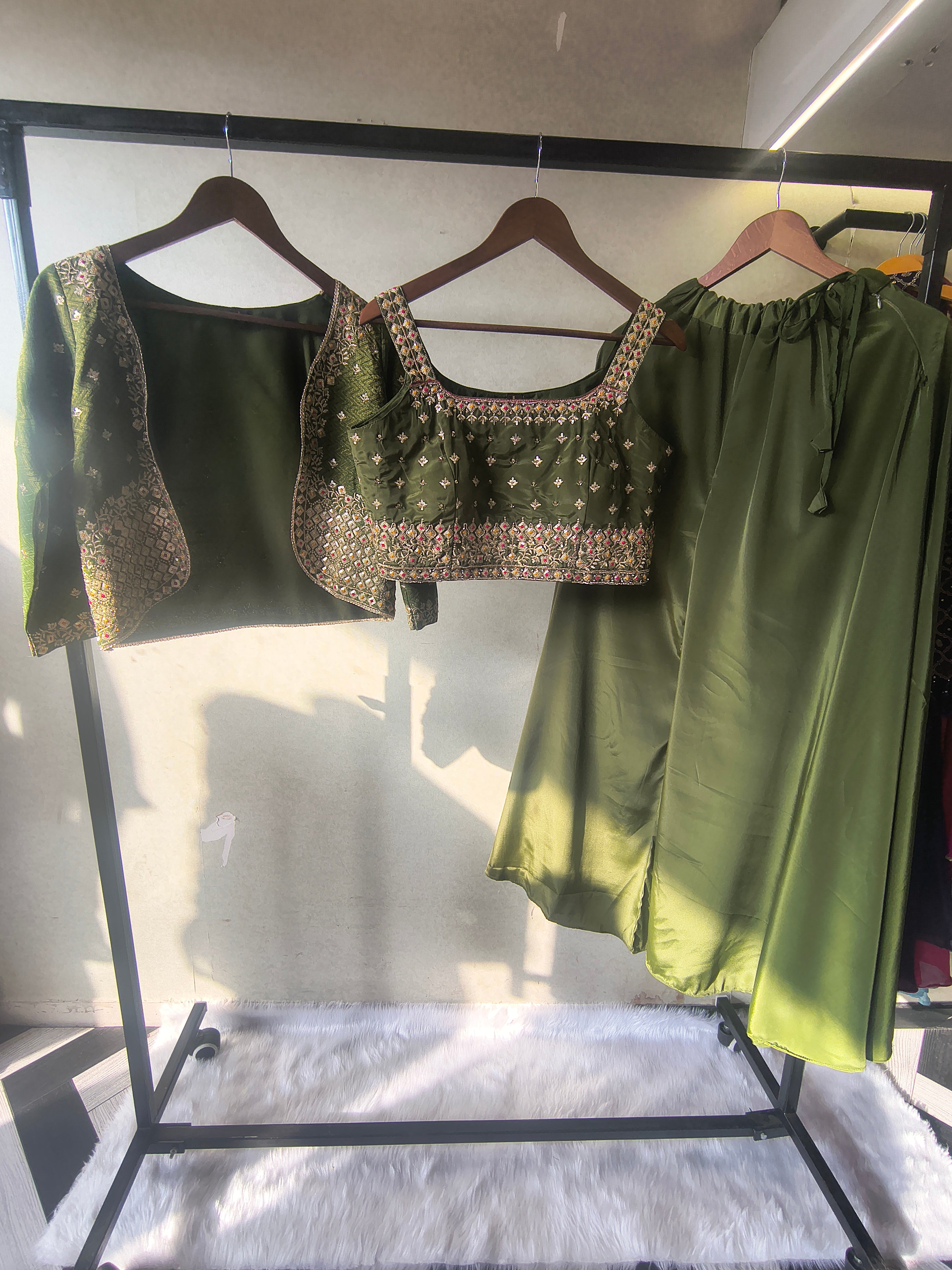 Image of Luxury Olive Green Embellished Blouse with Embroidered Jacket & Flared Palazzo – 3 Piece Designer Indo-Western Set