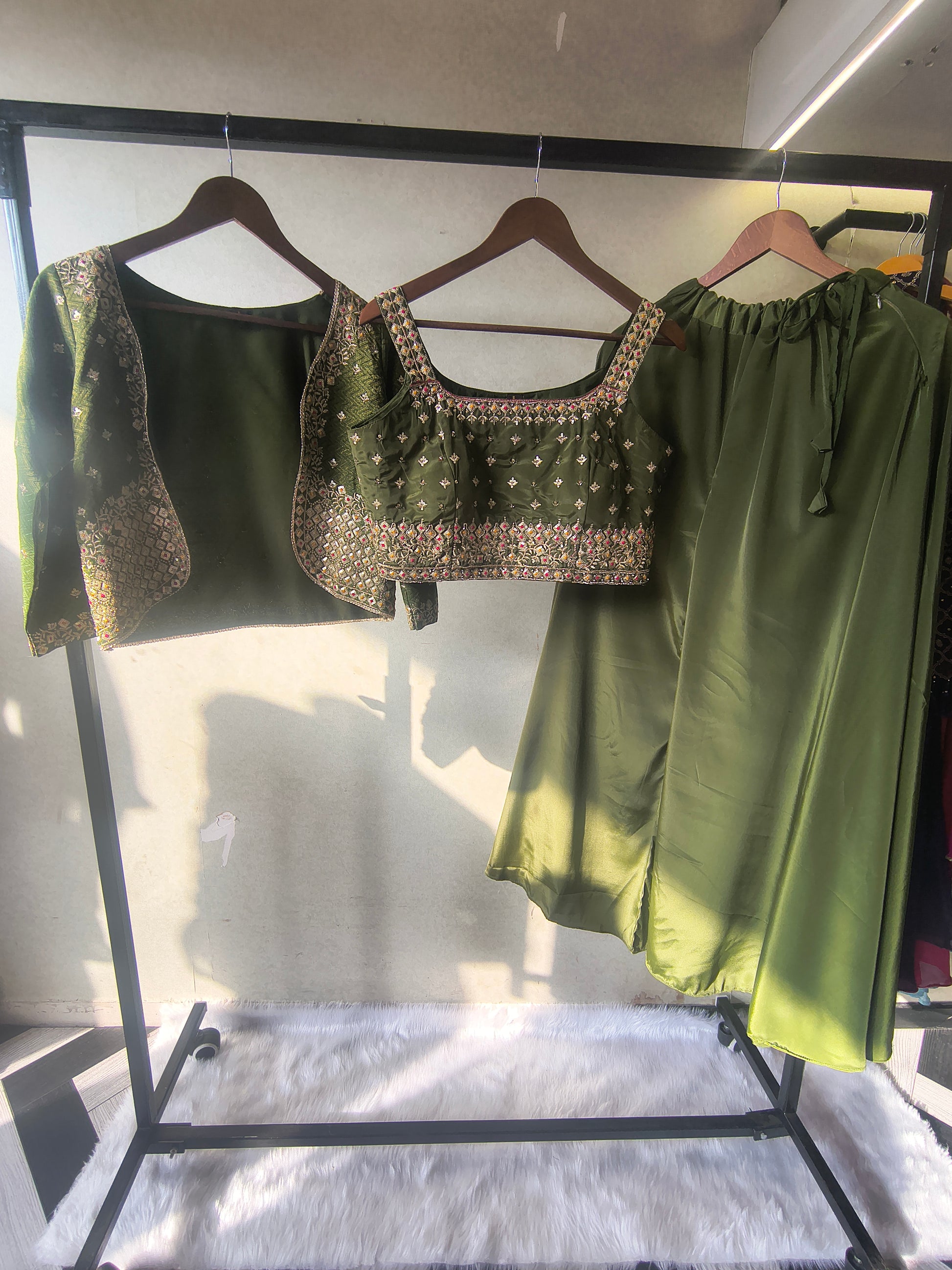 Luxury Olive Green Embellished Blouse with Embroidered Jacket & Flared Palazzo – 3 Piece Designer Indo-Western Set