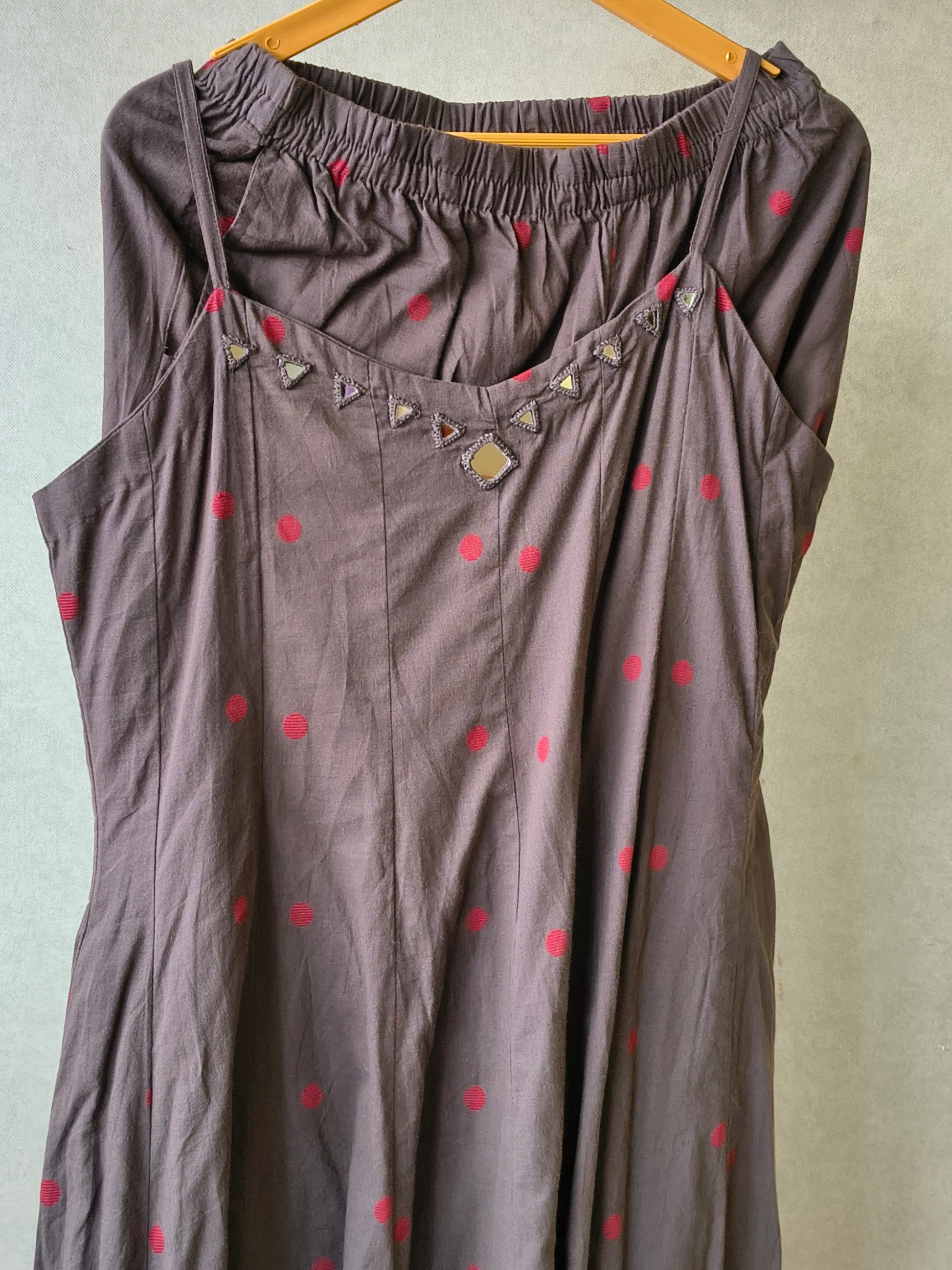 Premium Charcoal Grey Polka Dot Cotton Sleeveless A-Line Kurta & Pant Co-Ord Set