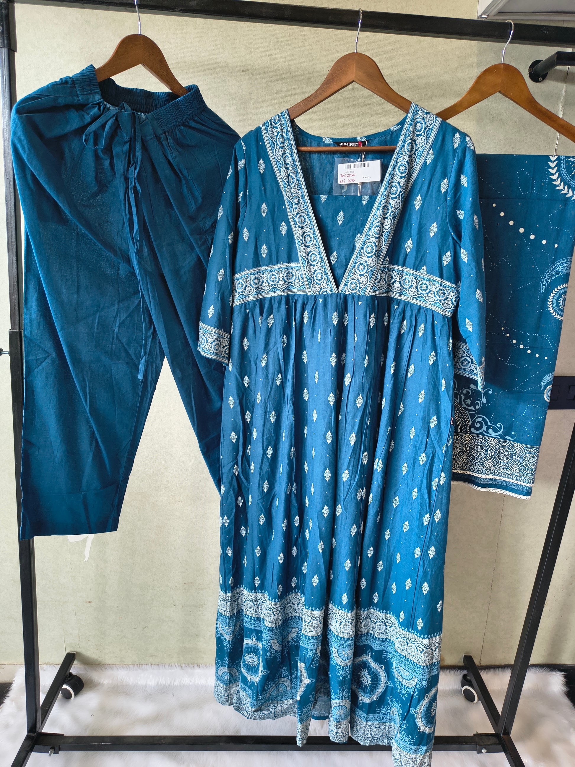 Juniper Premium Teal Blue Printed Cotton Kurta Set with Solid Pants & Printed Dupatta