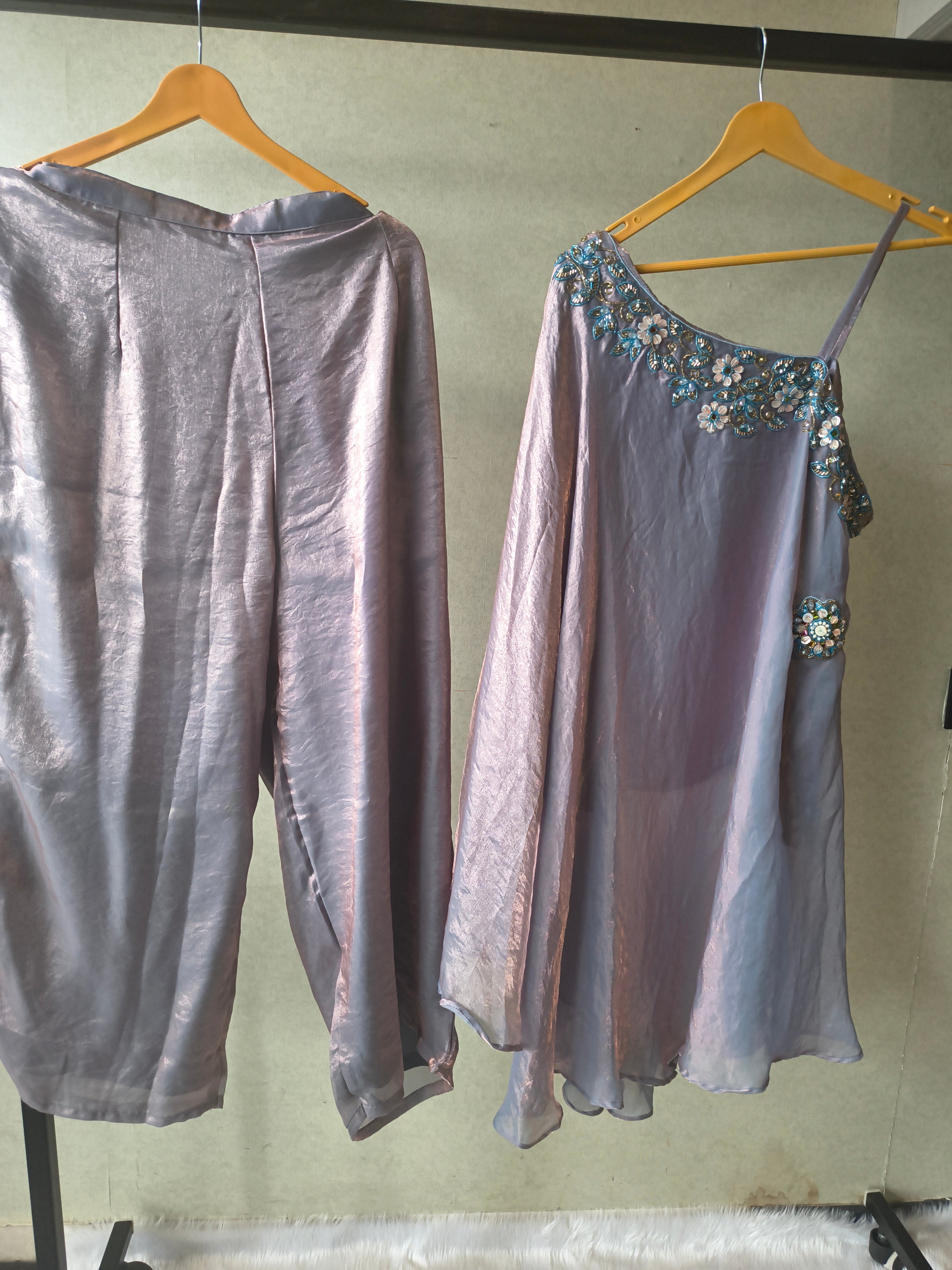 Image of Designer Lilac One-Shoulder Cape Top with Draped Tulip Pants – Luxury Indo-Western Co-Ord Set