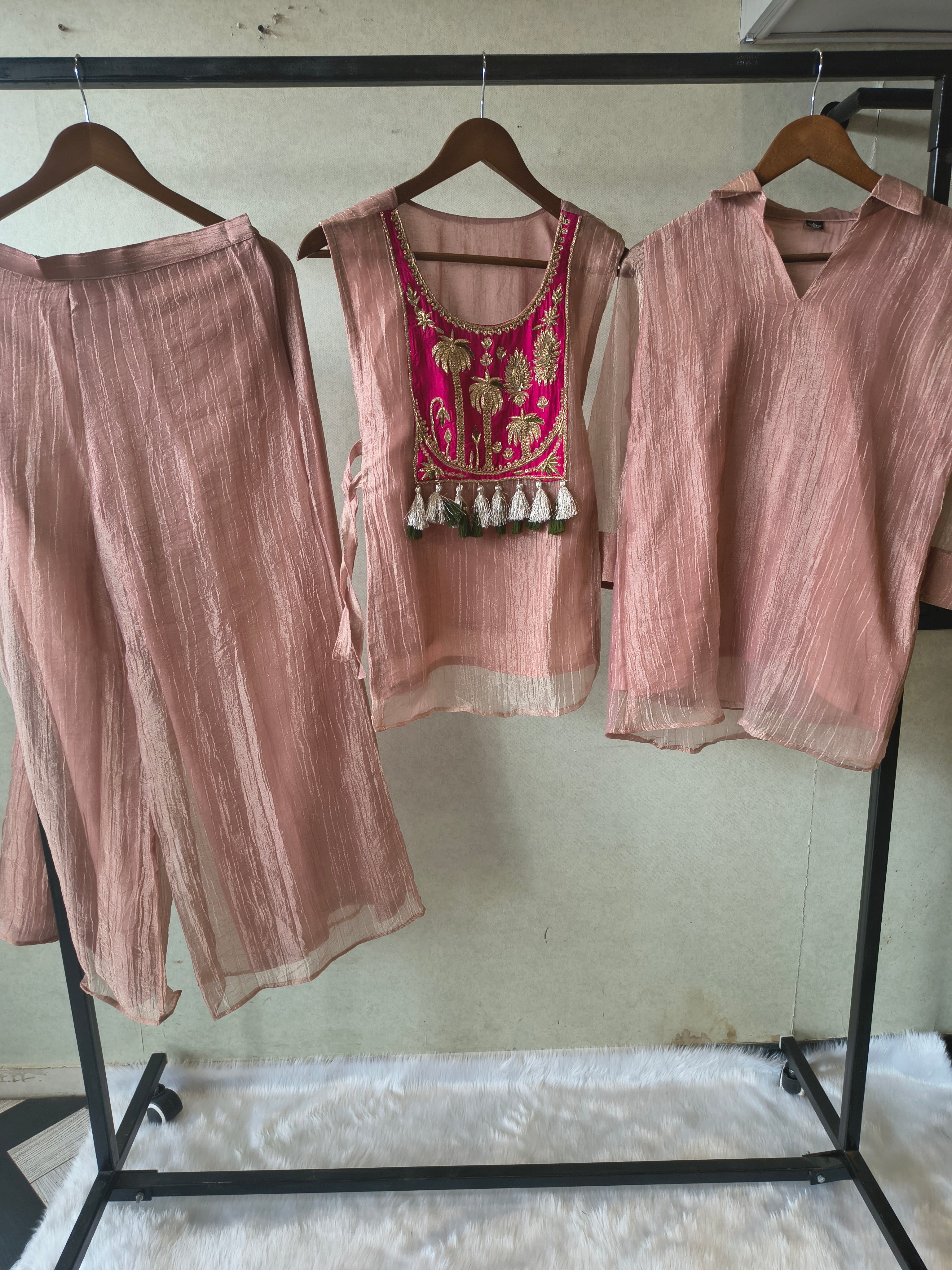 Image of Premium Rose Gold Tissue Silk 3-Piece Co-Ord Set with Hand Embellished Jacket, Inner & Palazzo