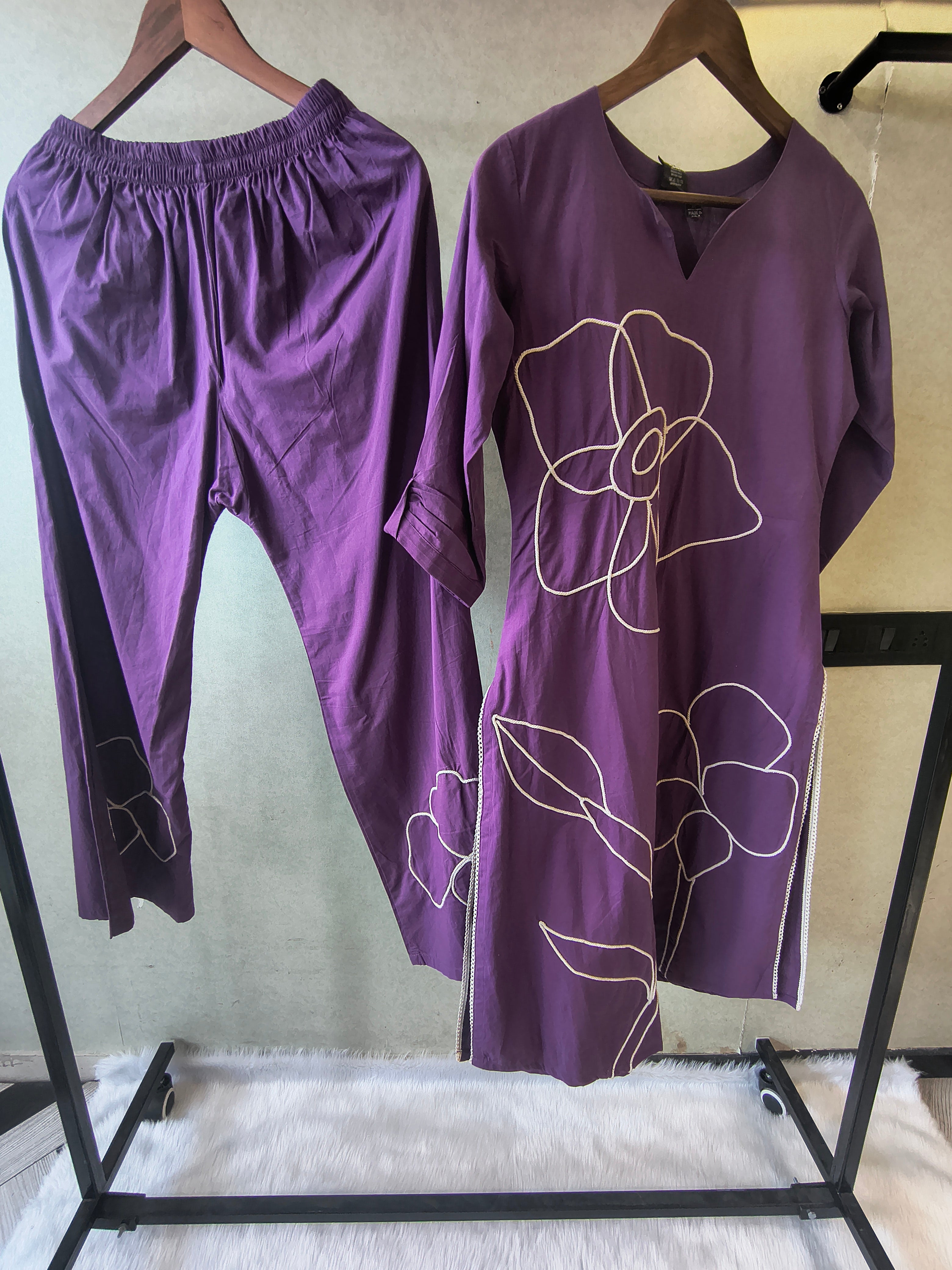 Image of Royal Purple Floral Embroidered Cotton Kurta Set with Straight Pants