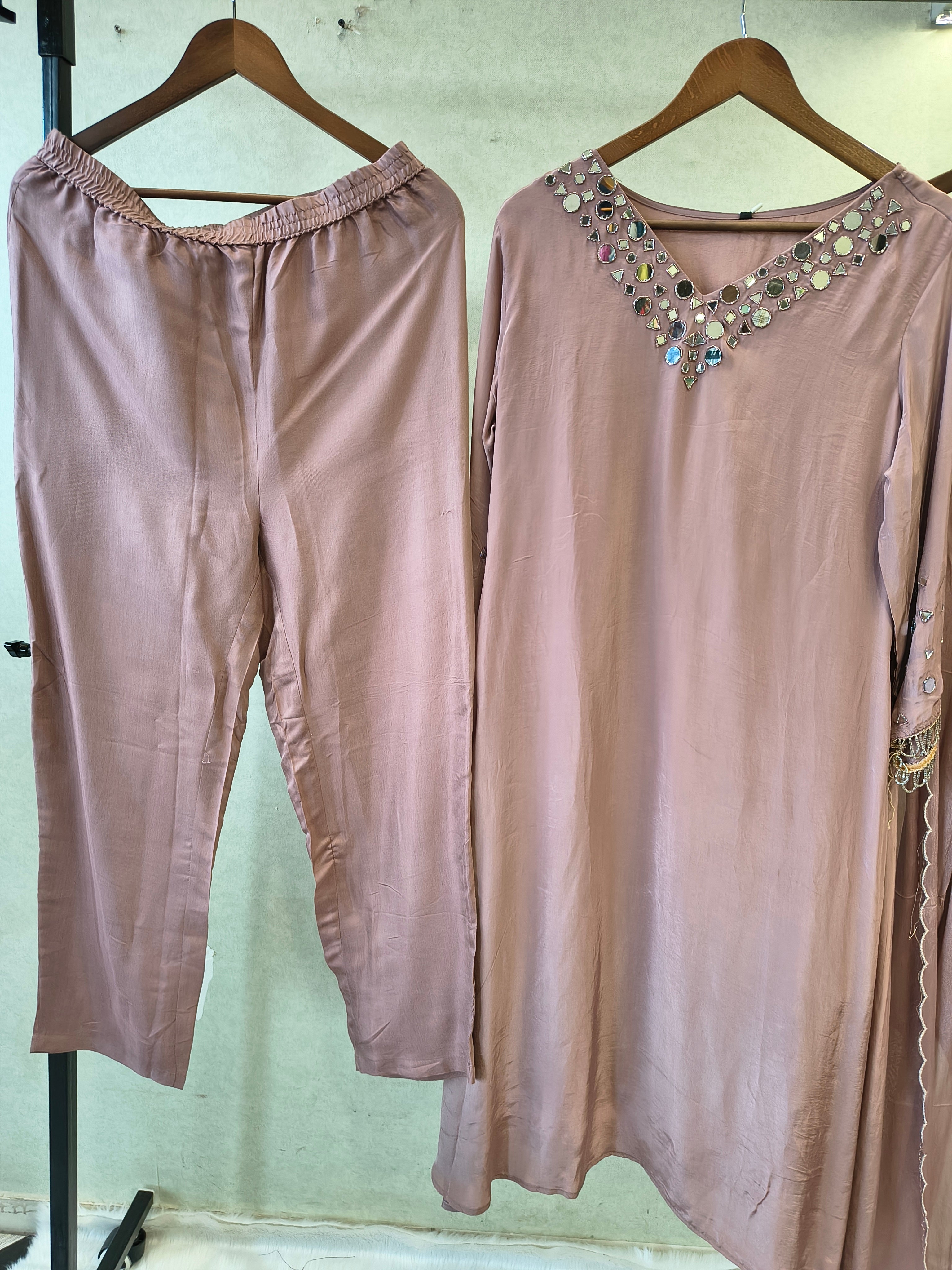Image of Dusty Mauve Mirror Embellished Straight Kurta Set with Matching Pants & Scalloped Dupatta | Premium 3 Piece Festive Ensemble