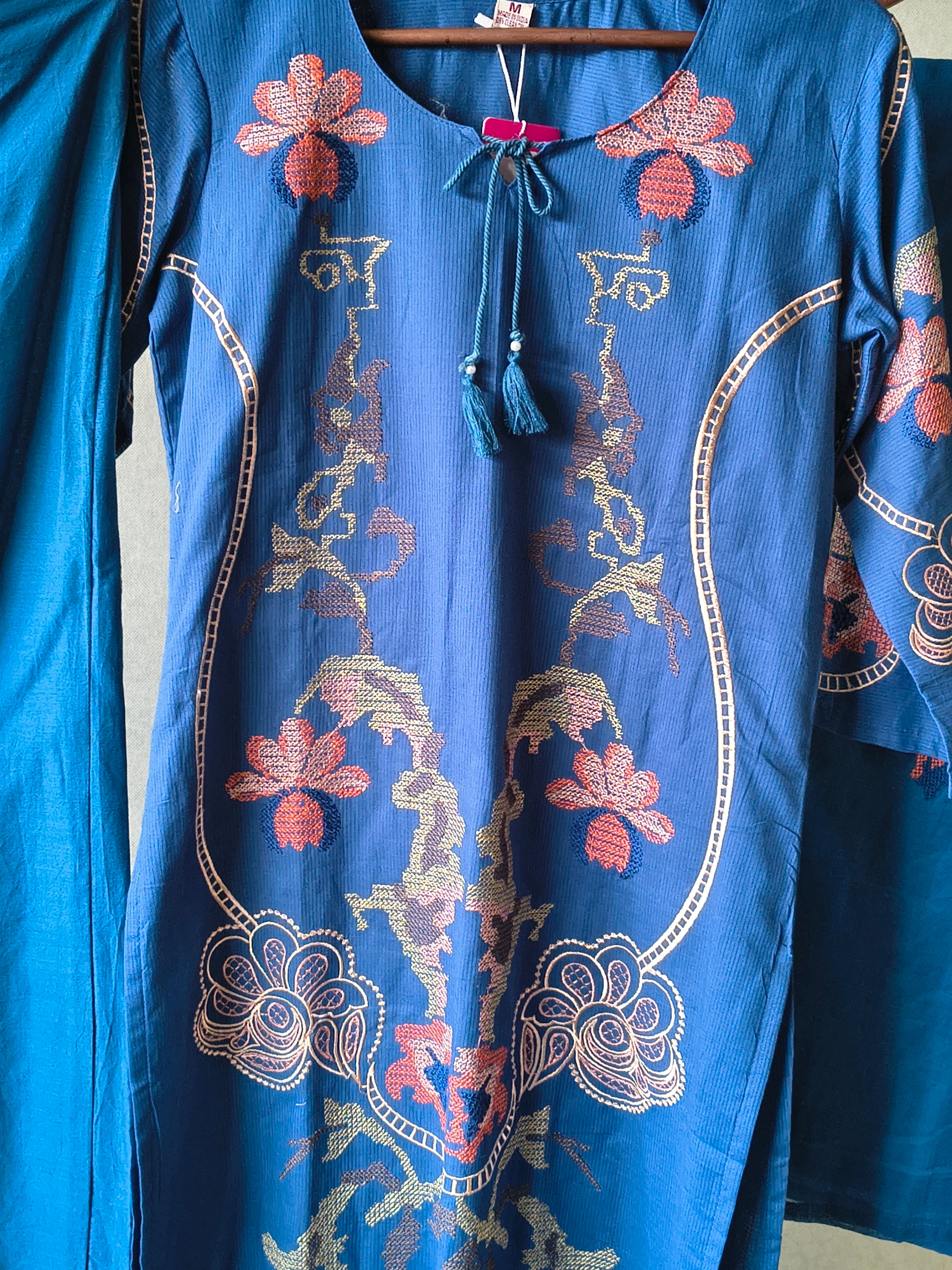 Image of Teal Blue Cotton 3-Piece Suit Set with Floral Vine Embroidery & Embroidered Dupatta