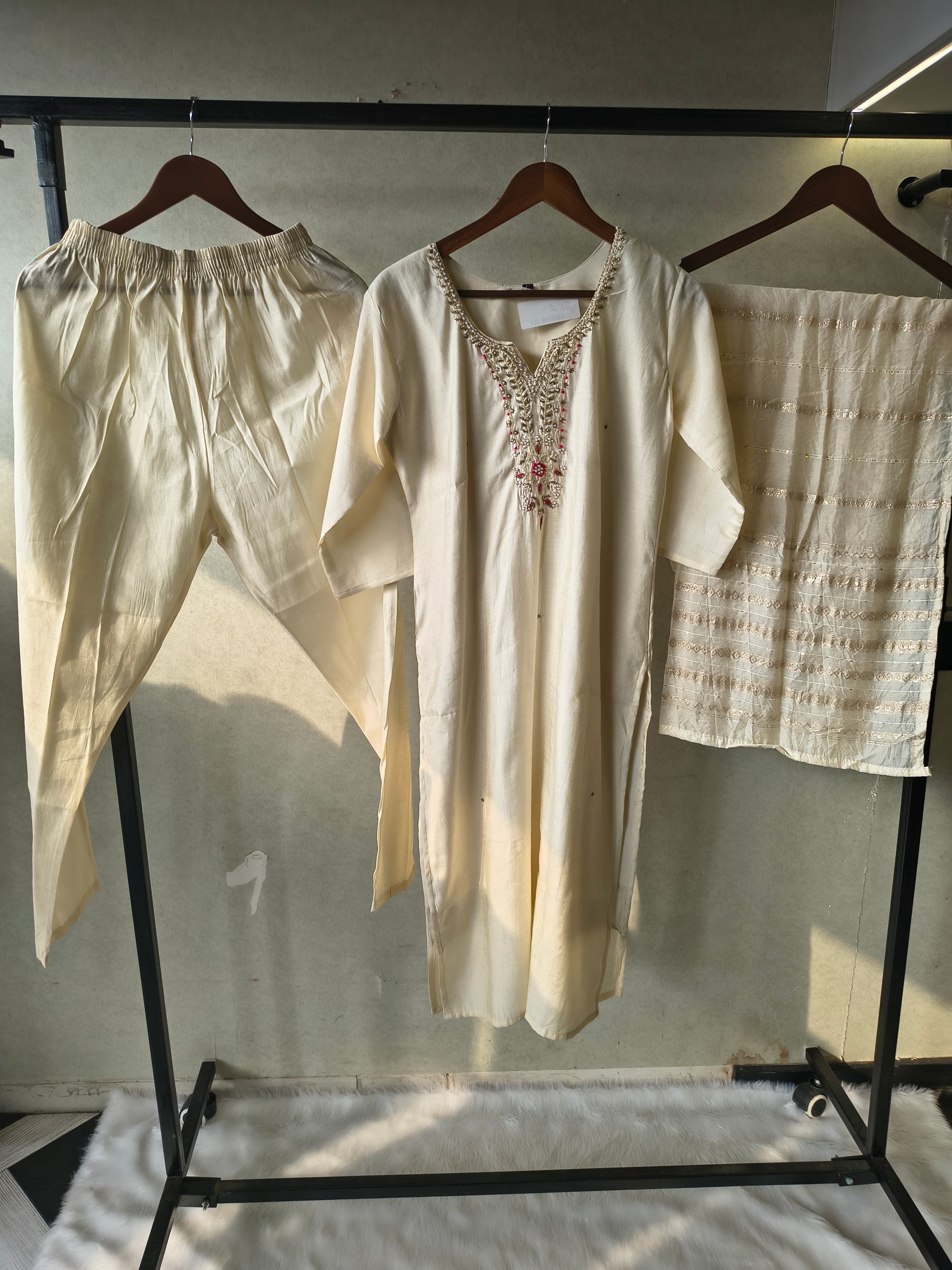 Premium Ivory Hand-Embroidered Straight Kurta with Cotton Pants & Woven Dupatta Set