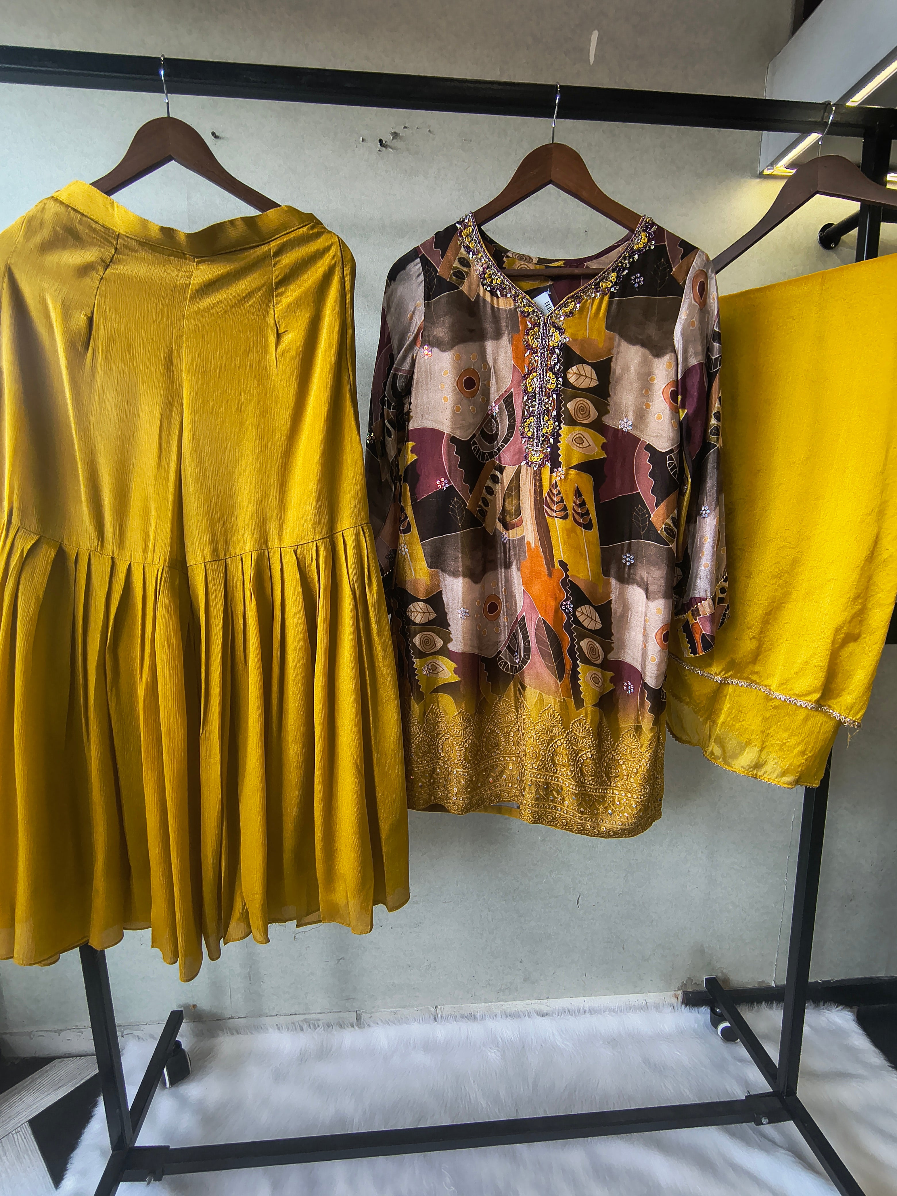 Image of Premium Mustard Abstract Printed Kurta with Sharara & Dupatta Set