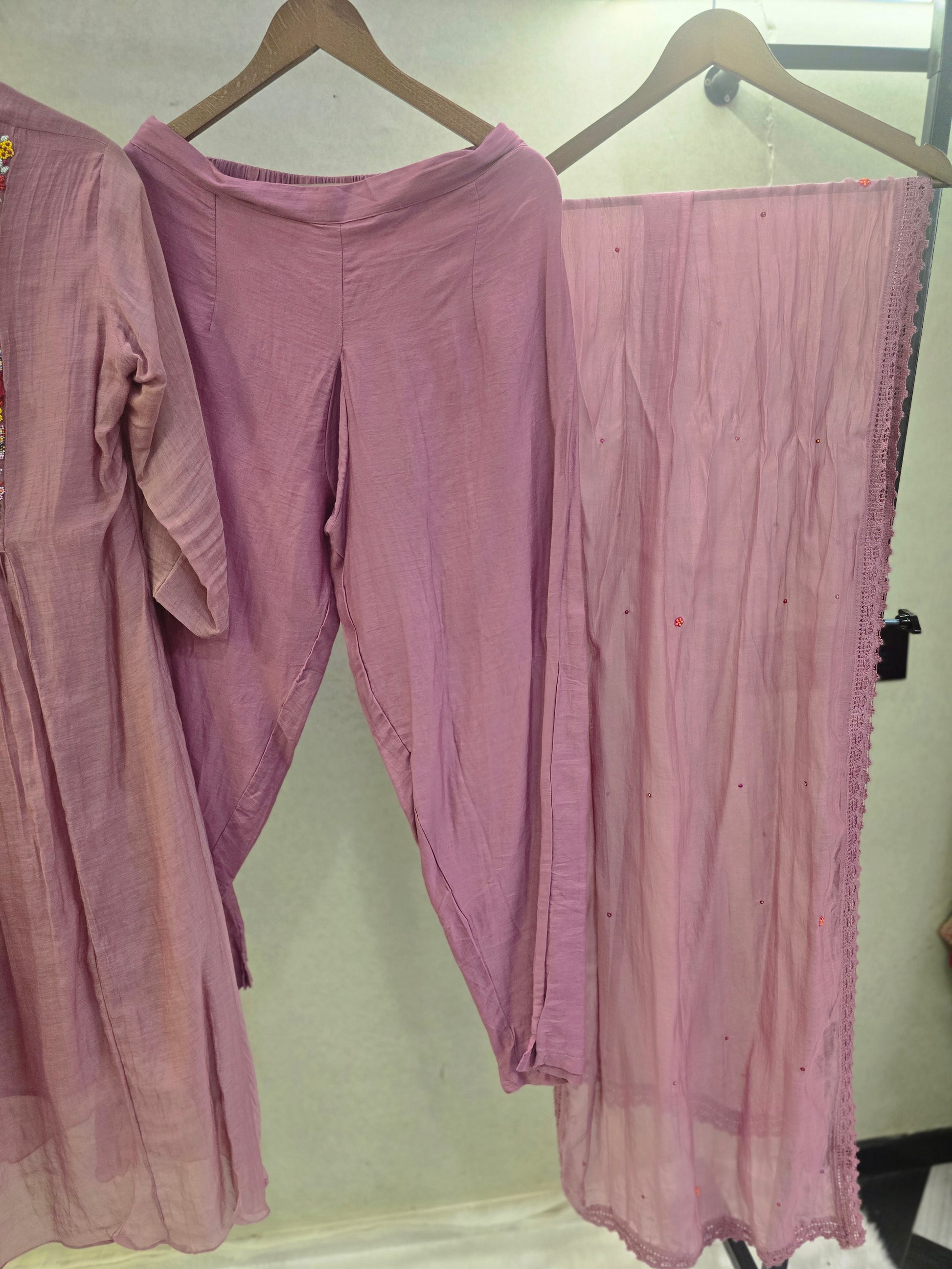 Dusty Mauve Embroidered Yoke Kurta Set with Chiffon Dupatta | Premium 3 Piece Ethnic Suit