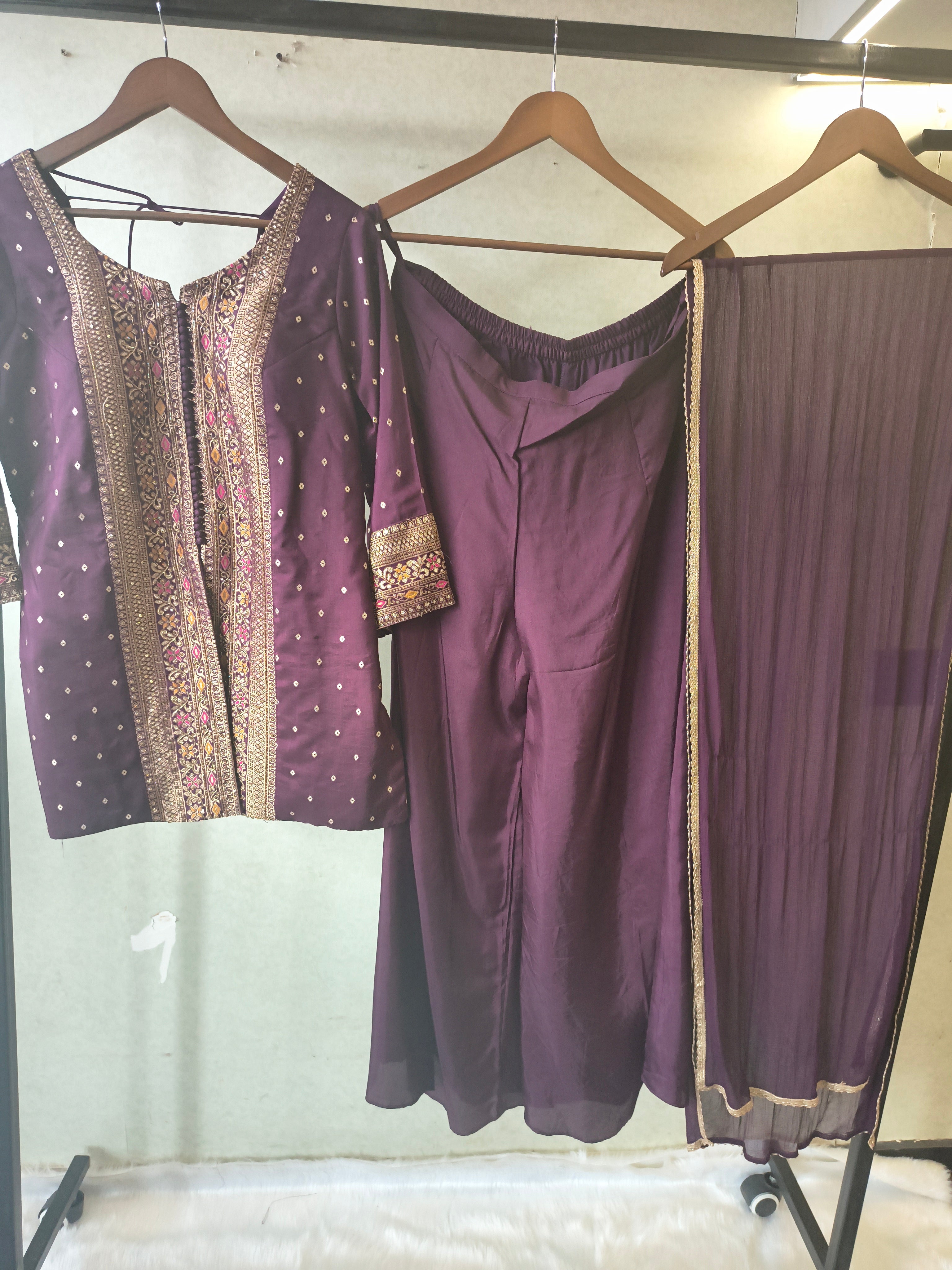 Image of Royal Purple Embroidered Straight Kurta Set with Flared Palazzo & Pleated Dupatta – Designer 3 Piece Festive Ensemble
