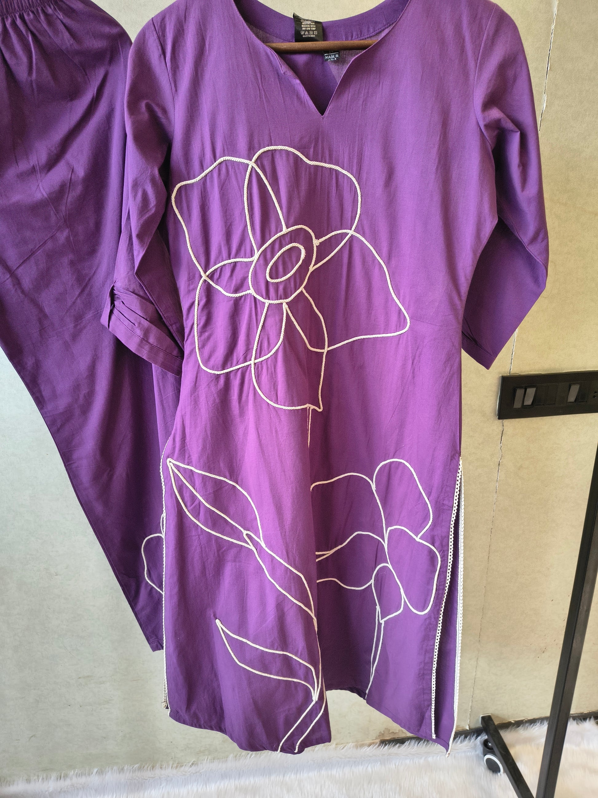 Royal Purple Floral Embroidered Cotton Kurta Set with Straight Pants