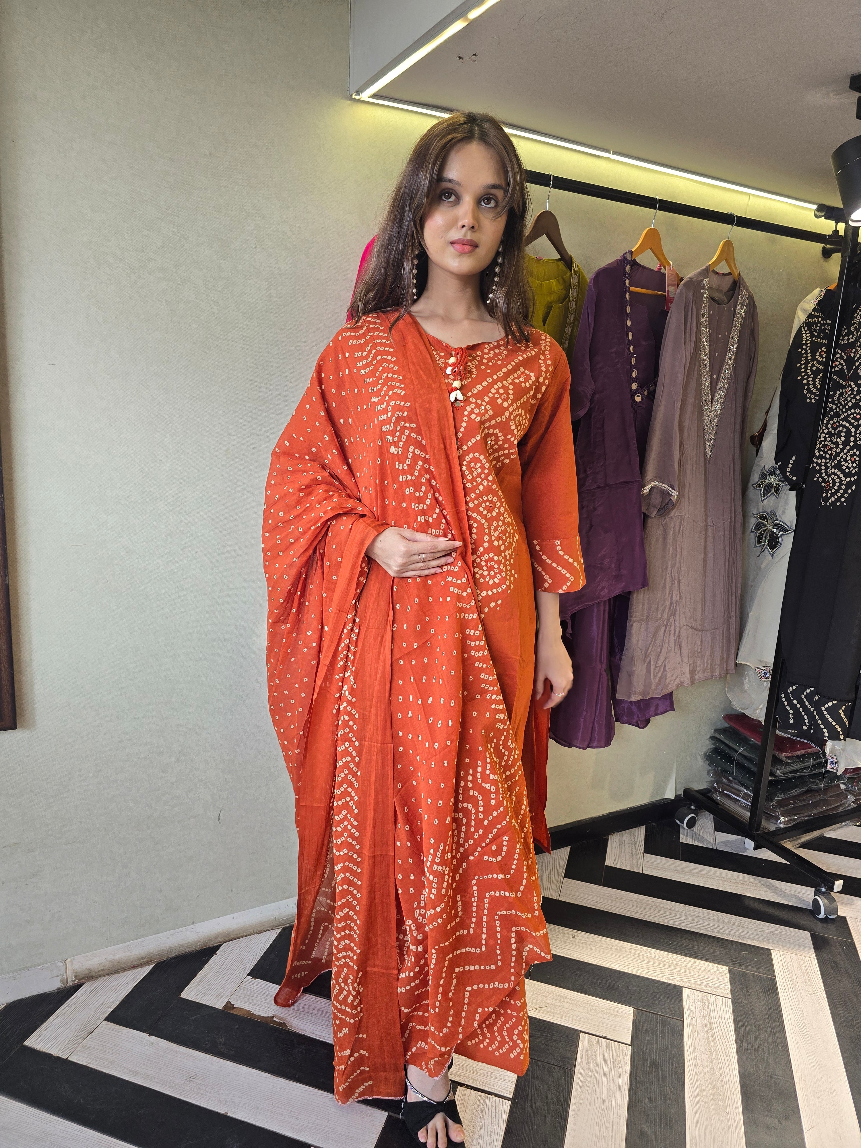 Image of Pure Mull Cotton Bandhani 3 Piece Set
