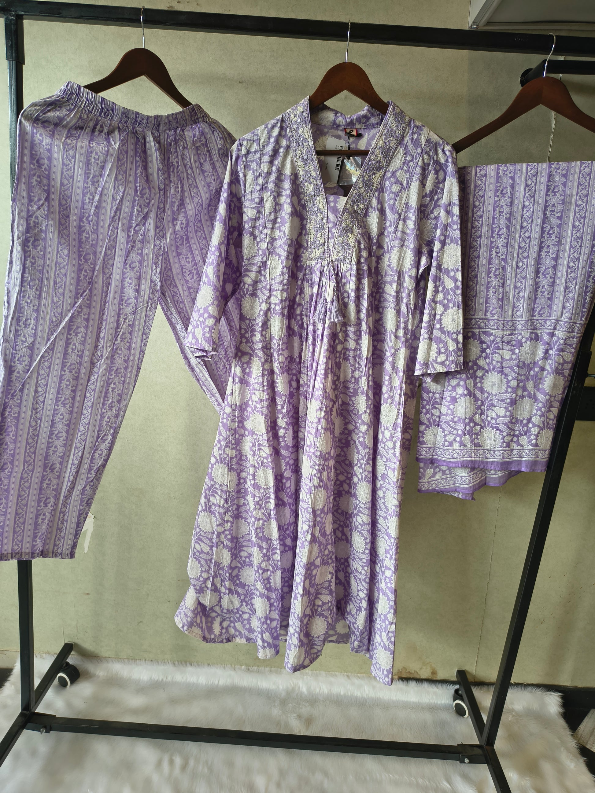 Premium Lavender Floral Printed Cotton Anarkali Kurta Set with Striped Pants & Printed Dupatta