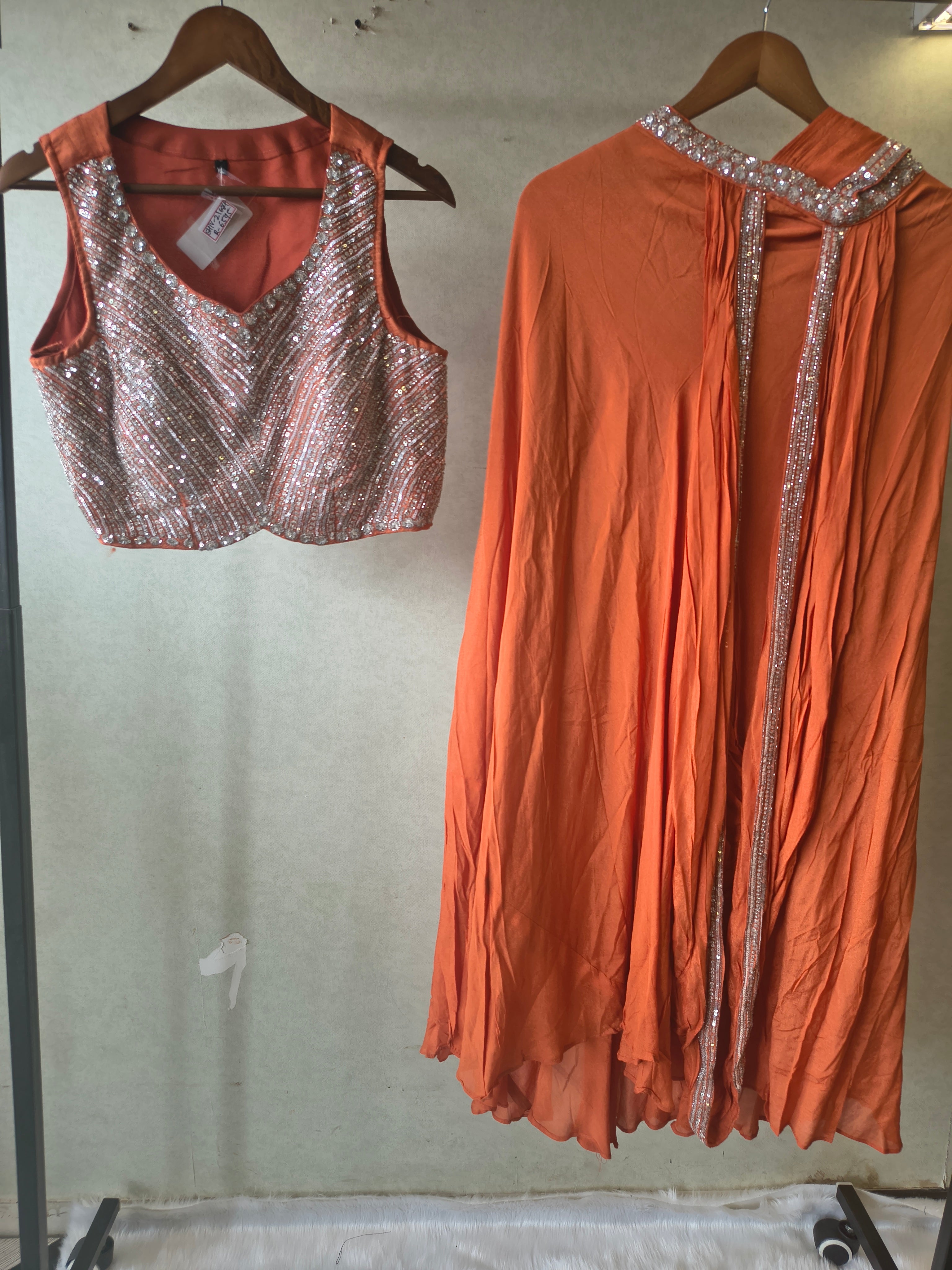 Image of Burnt Orange Embellished Designer Blouse with Drape Palazzo & Cape – 3 Piece Indo-Western Party Wear Set